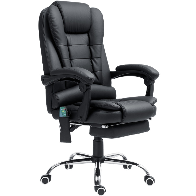 Office Chair, 6 Point Massage Heat Footrest Adjustable Reclining Swivel, PU Leather Black