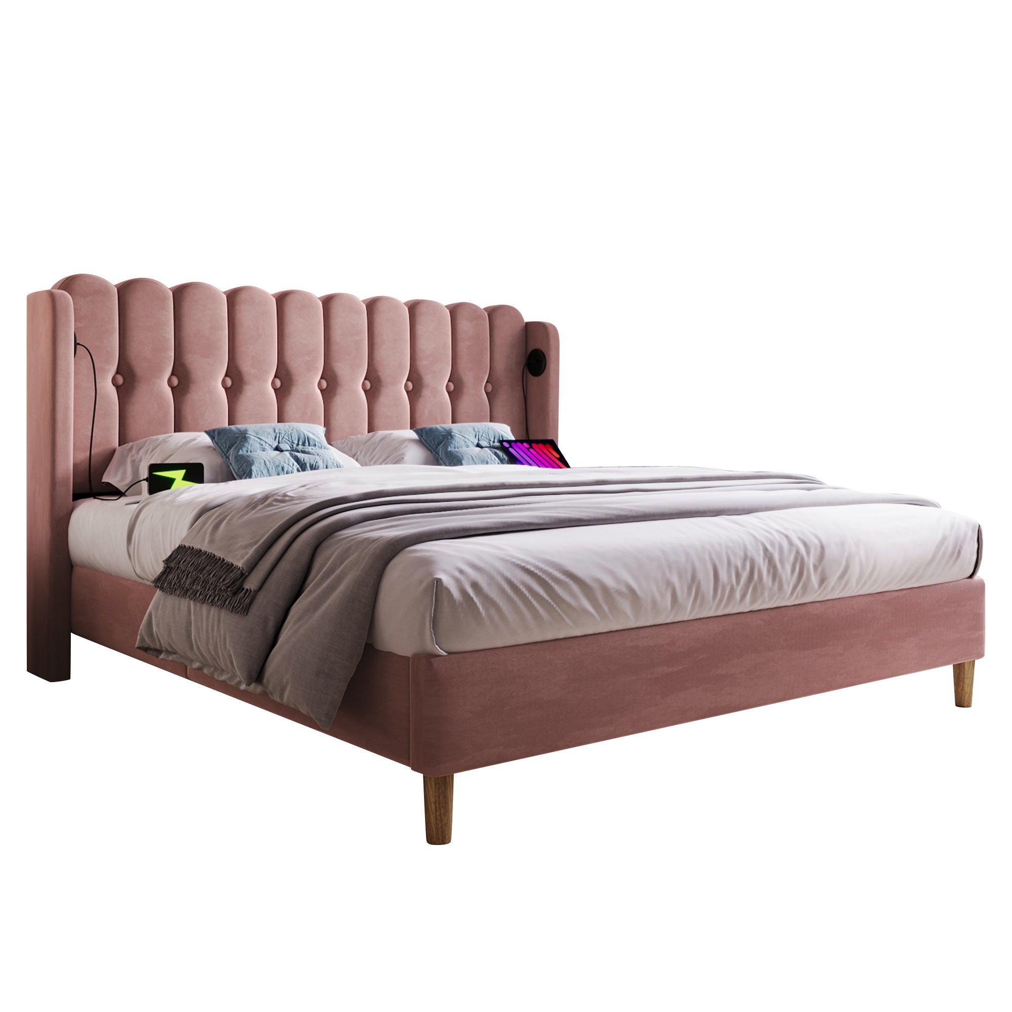Upholstered Double Bed with USB and Type-C Charging, Pink, Velvet Material