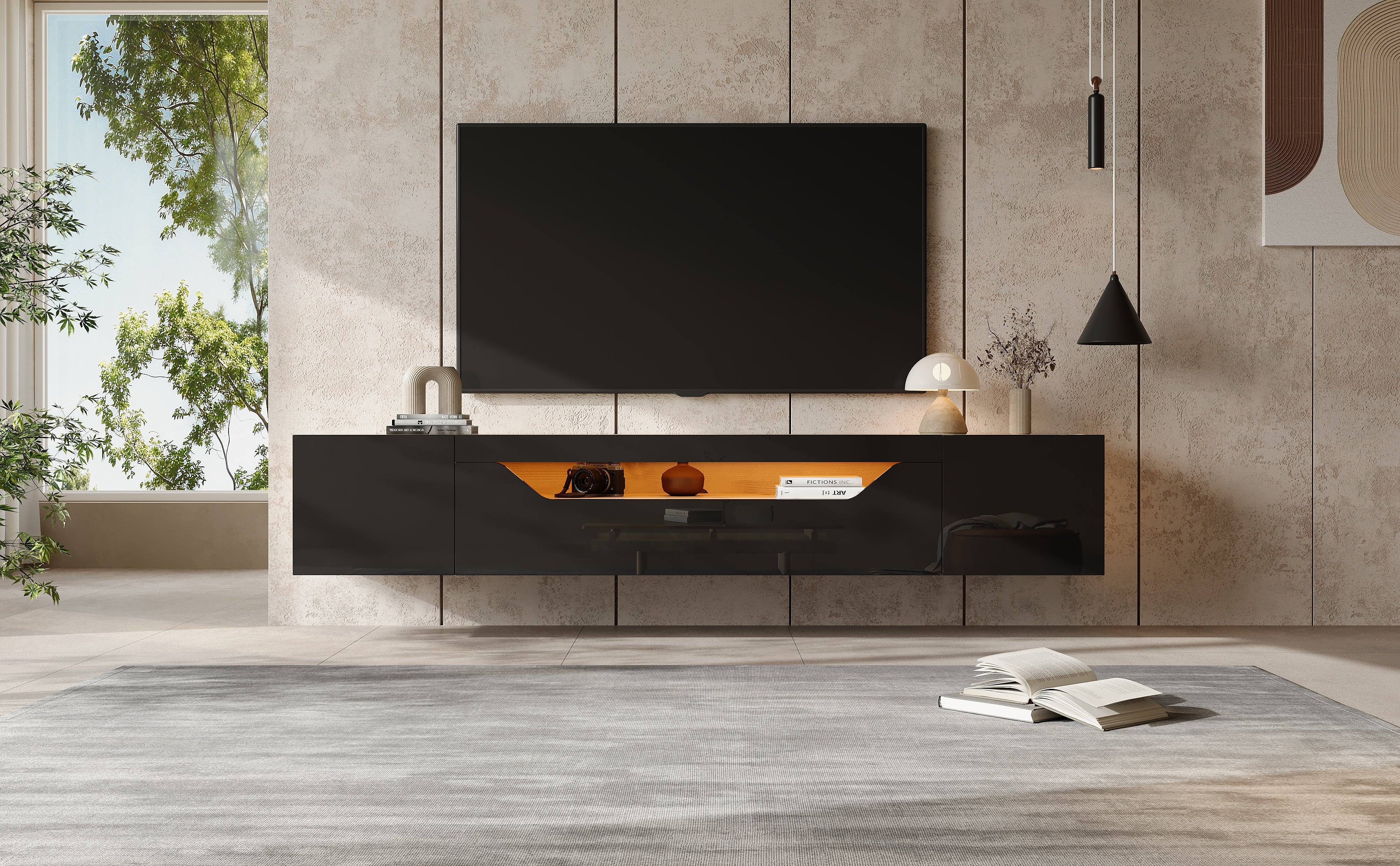 TV cabinet, 3 storage compartments, lowboard, floating wall board, LED light, wall-mountable, suitable for 75-inch TVs, black and wood color