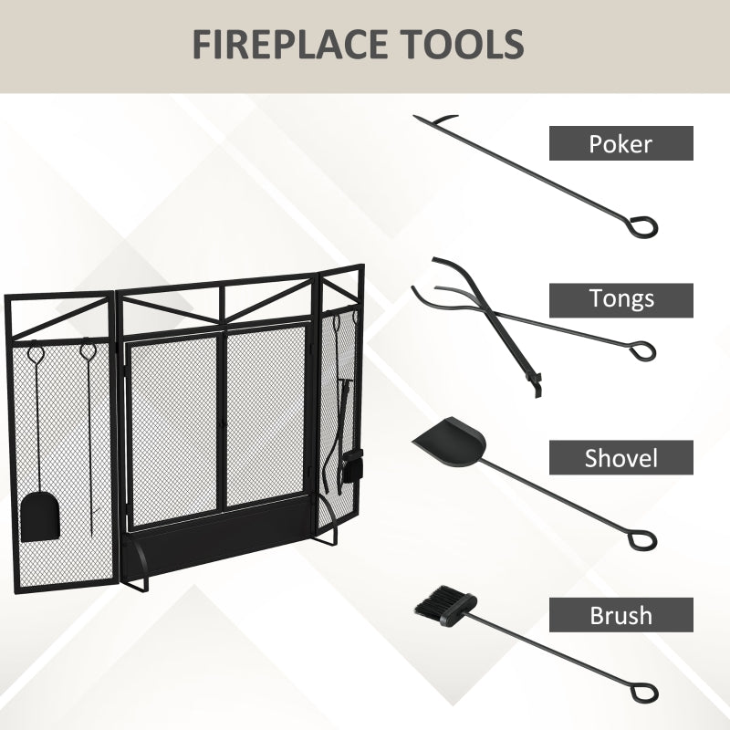 3 Panel Folding Fire Guard Screen, Tool Sets Front Doors, Black Metal