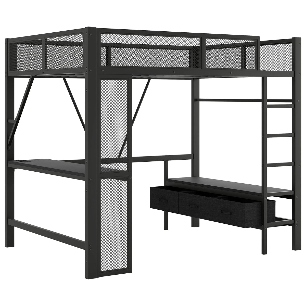 Metal Play Loft Bed with USB, LED, Desk and Wardrobe, 140x200cm, Black Metal