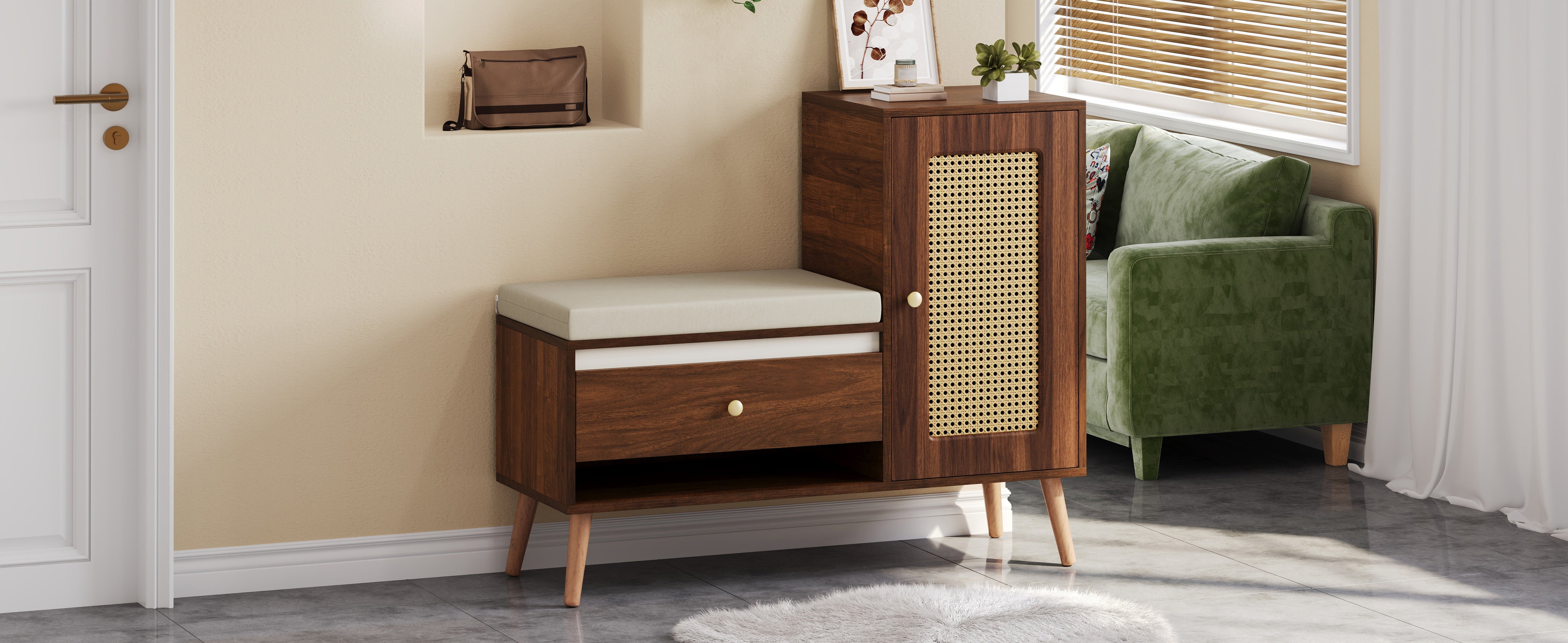 Rattan Hall Bench with Shoe Storage, Drawers and Seat Cushion, Oak and Rattan