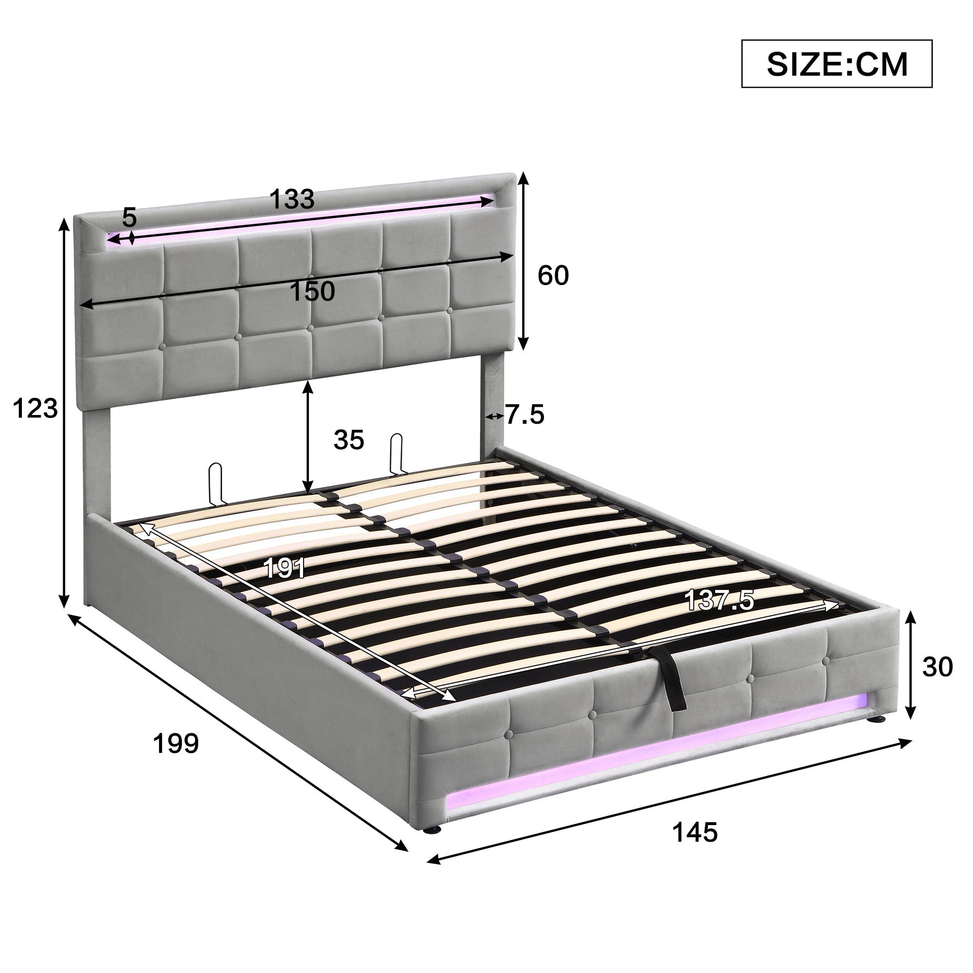 Upholstered Hydraulic Bed, 4ft6 Double 135x190cm with Square Embellishment and 7-Color LED Strips, Grey Velvet+Iron