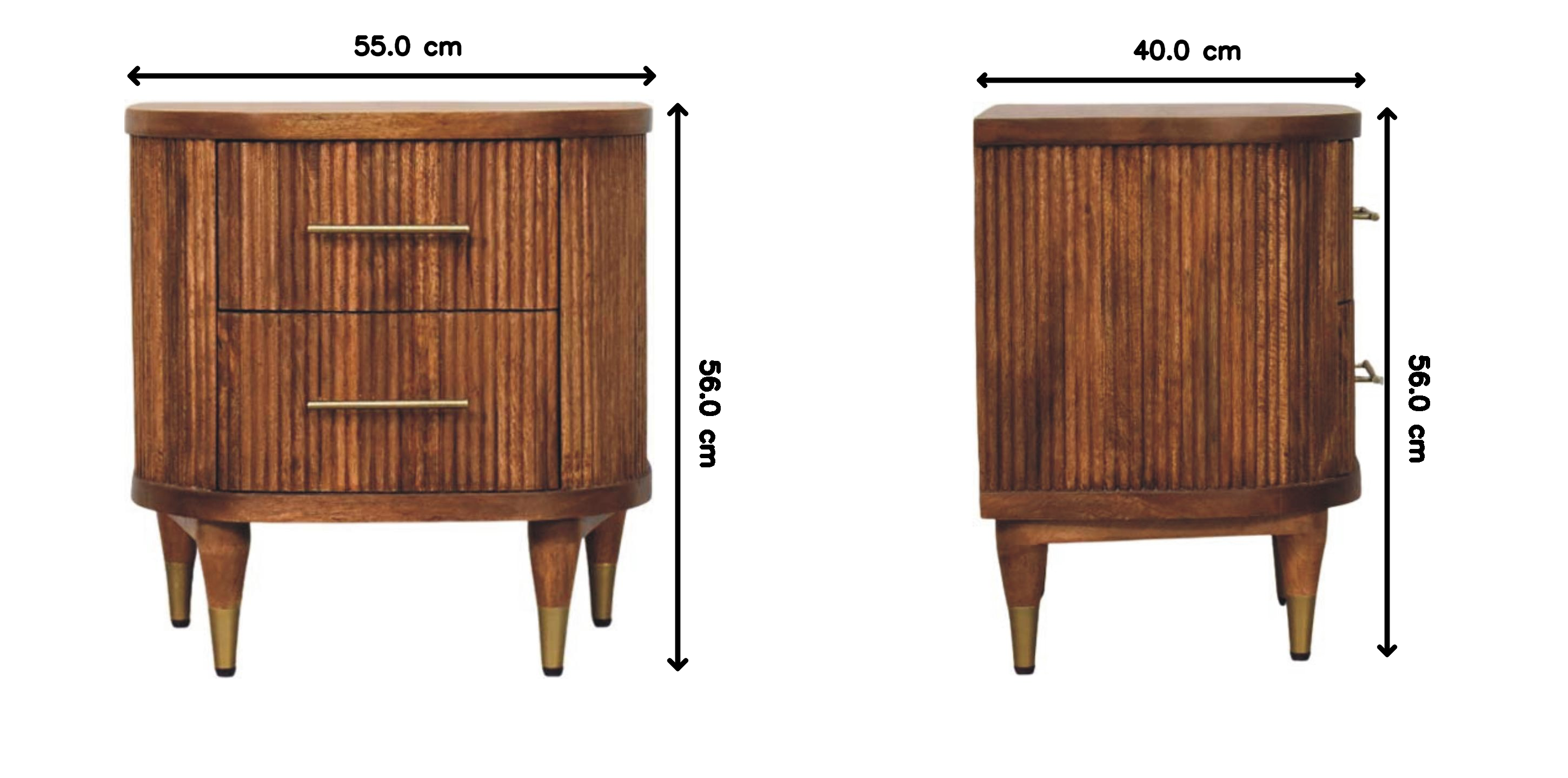 Ribbed Bedside Nightstand with Brass Accents in Mango Wood