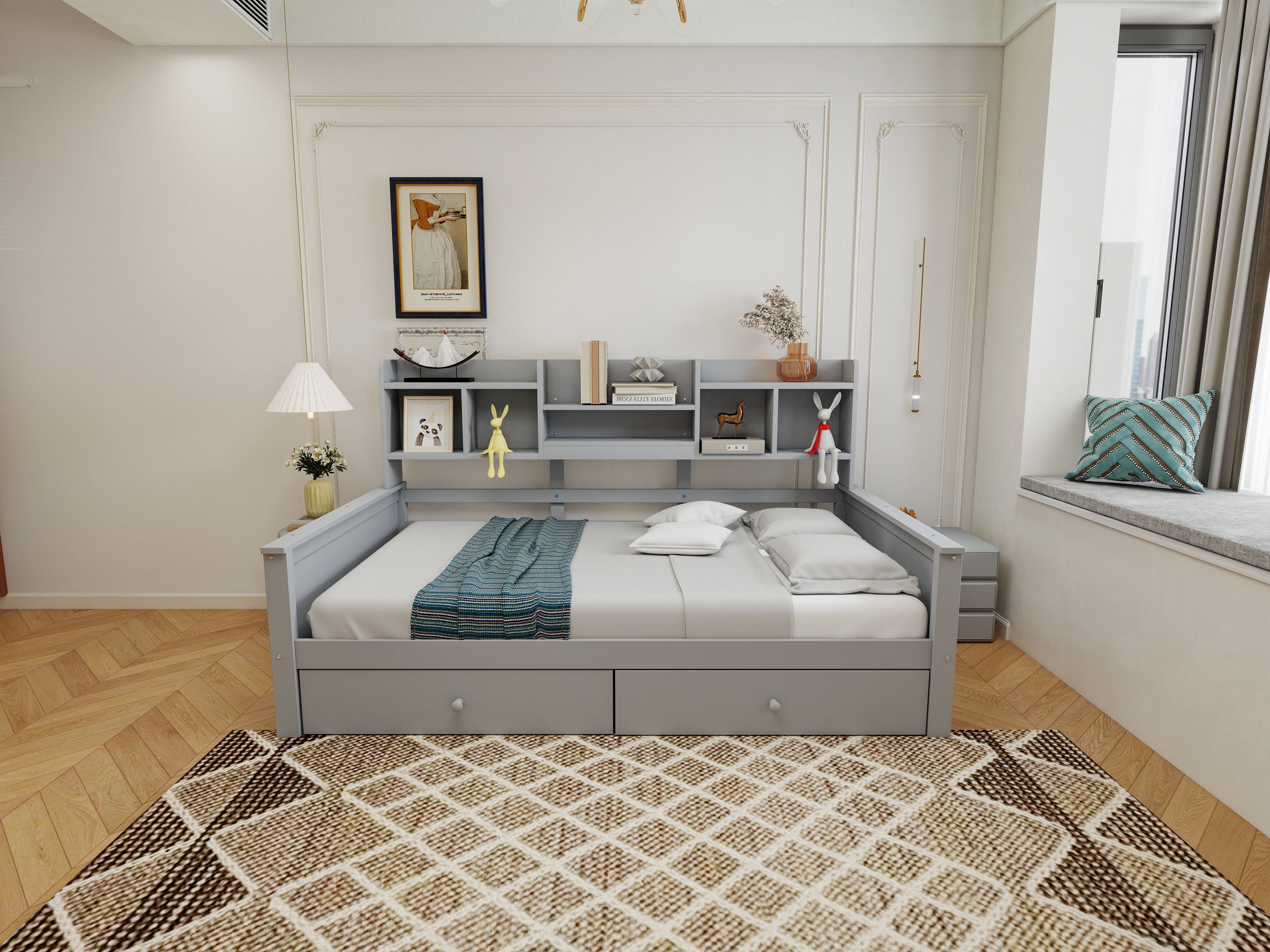 Single Sofa Bed 90x200 with Drawers, Shelves and Slatted Frame, Solid Wood Grey