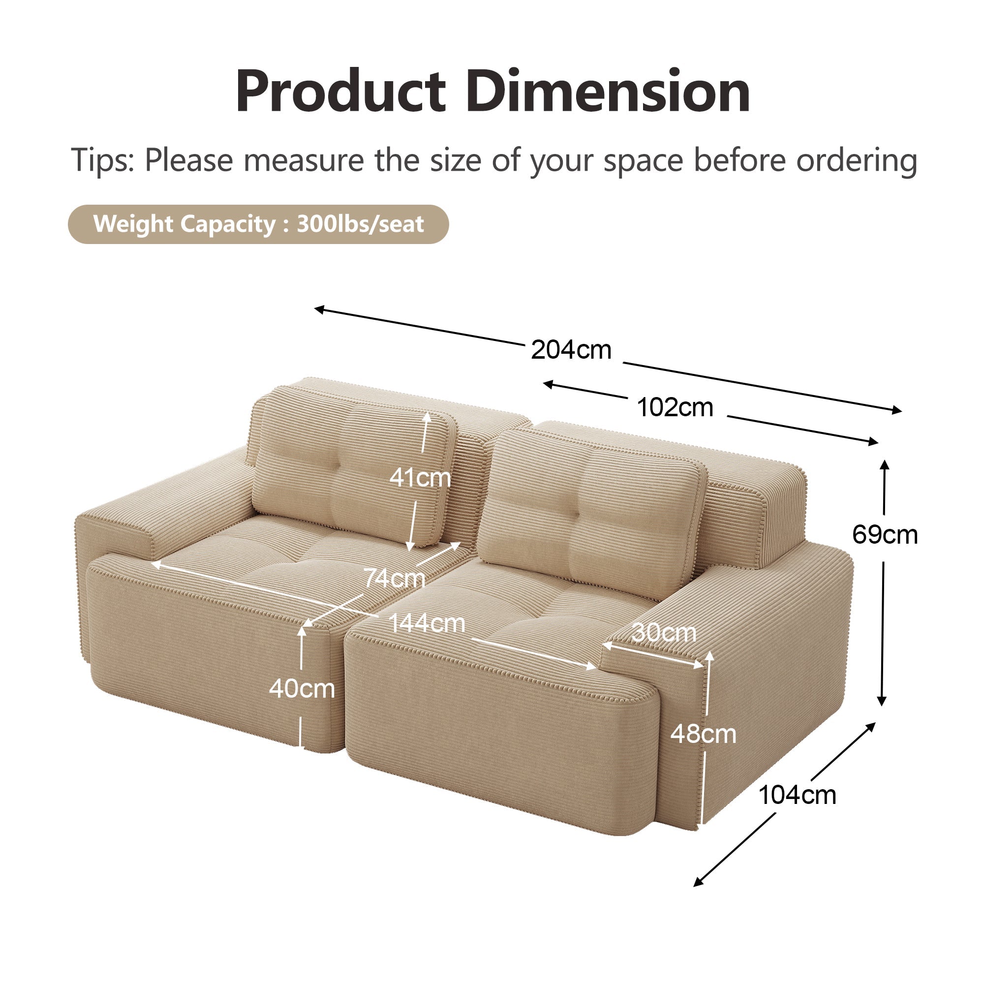 Boneless Modular Sofa Deep Seat Sleeper - Corduroy Beige