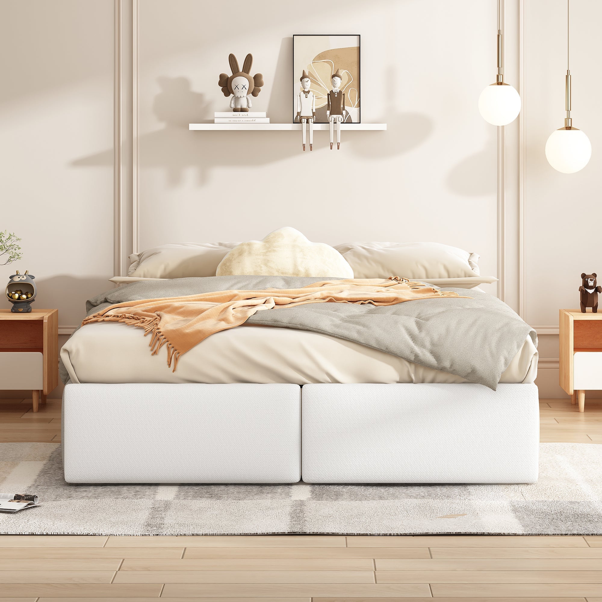 Upholstered Platform Bed 140x200cm Hydraulic Storage 2 Drawers - White