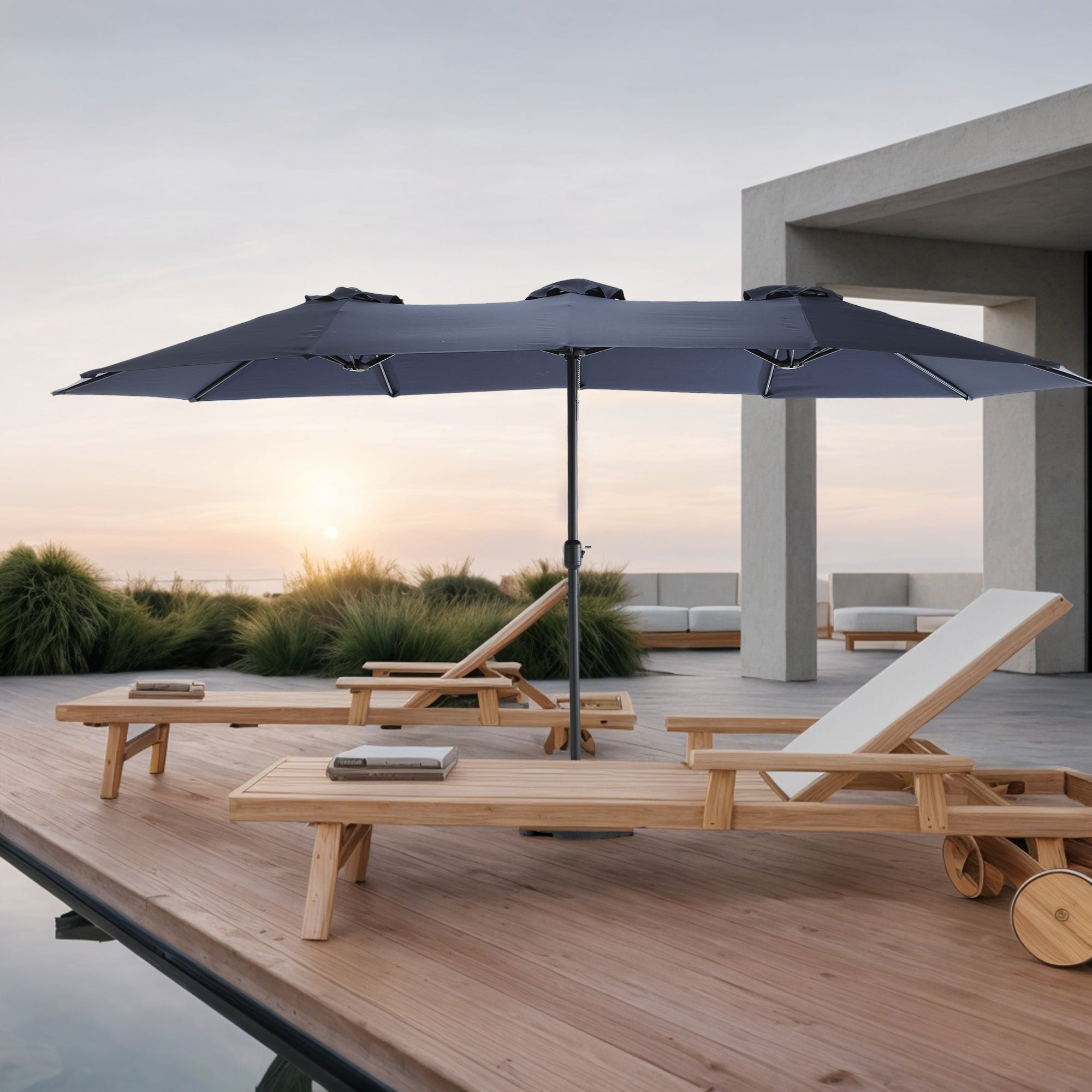 14.8 Ft Double Sided Outdoor Umbrella, Rectangular Large with Crank, Navy Blue