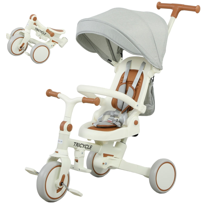 Children's Tricycle 5-in-1 Convertible Baby Buggy with Push Handle and Safety Belt, Cream White