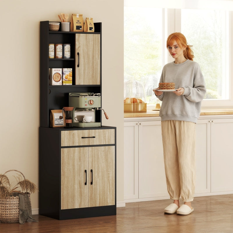 Kitchen Cabinet with Work Surface, Drawer & 3 Open Shelves, Natural Wood Black