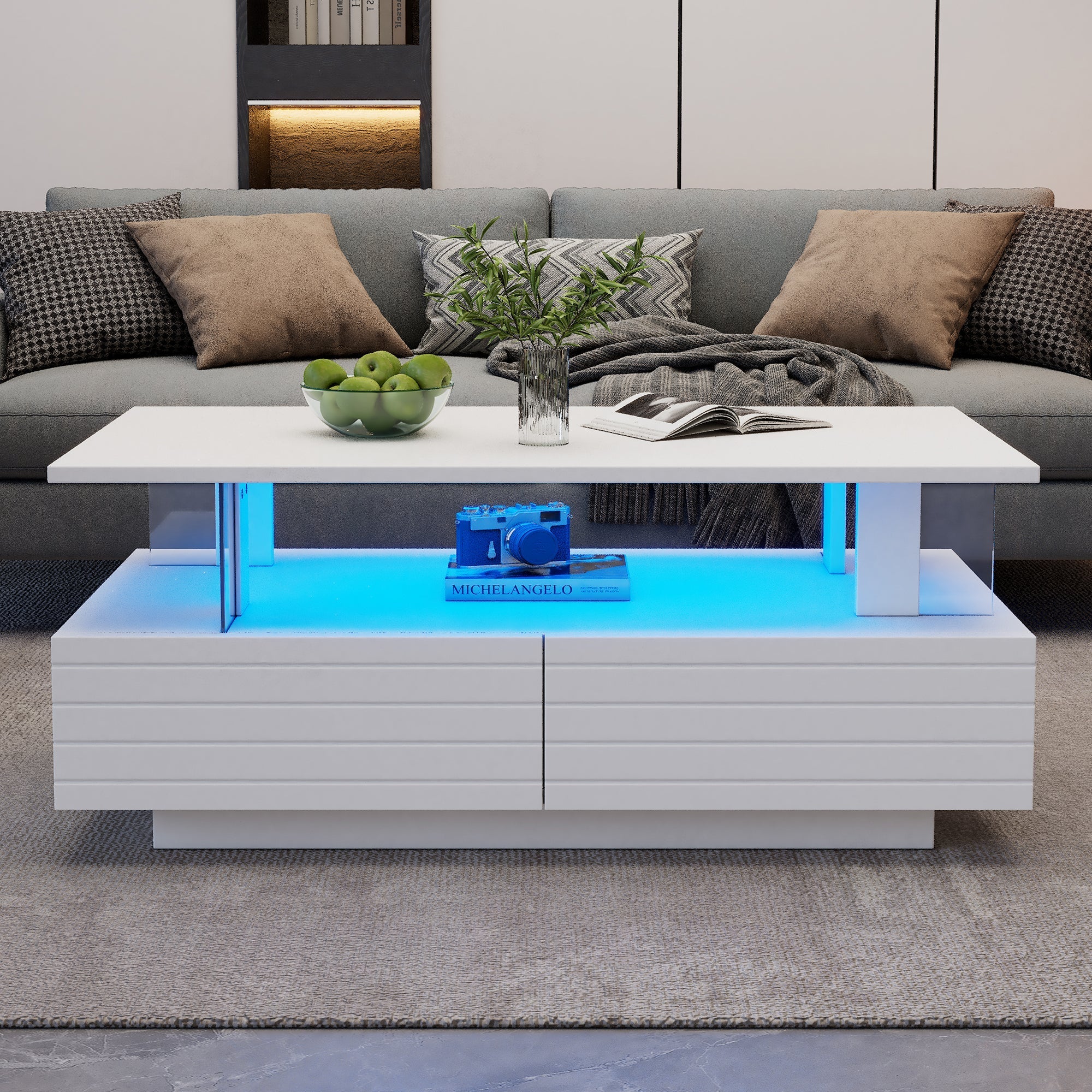 LED Coffee Table, Storage, Double-Layer Rectangular with Bluetooth App, White