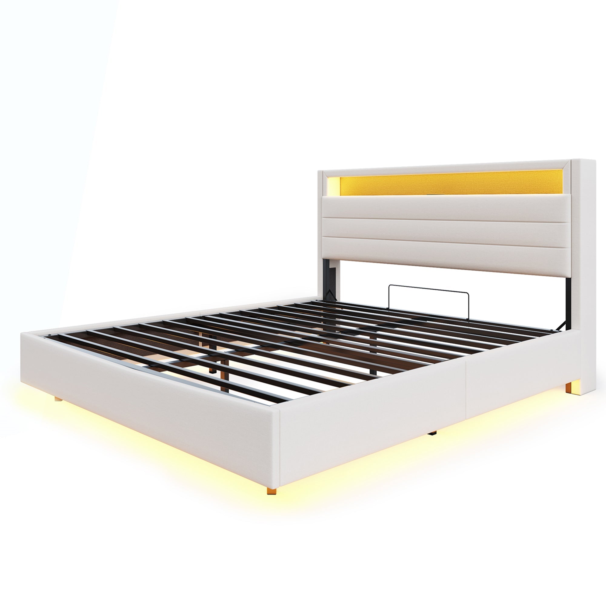 Upholstered Bed 140x200 cm with Hydraulic Storage, USB & LED Light, Reversible Headboard, Linen Beige