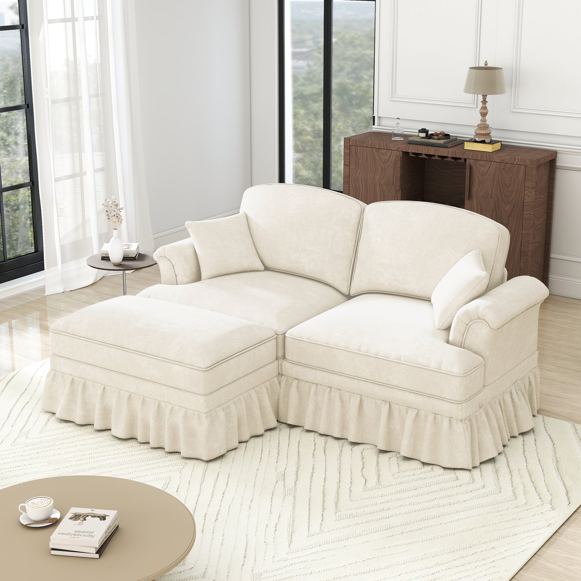 Modular L-Shaped Sofa 2-Seater Mid-Century Ottoman - White Chenille