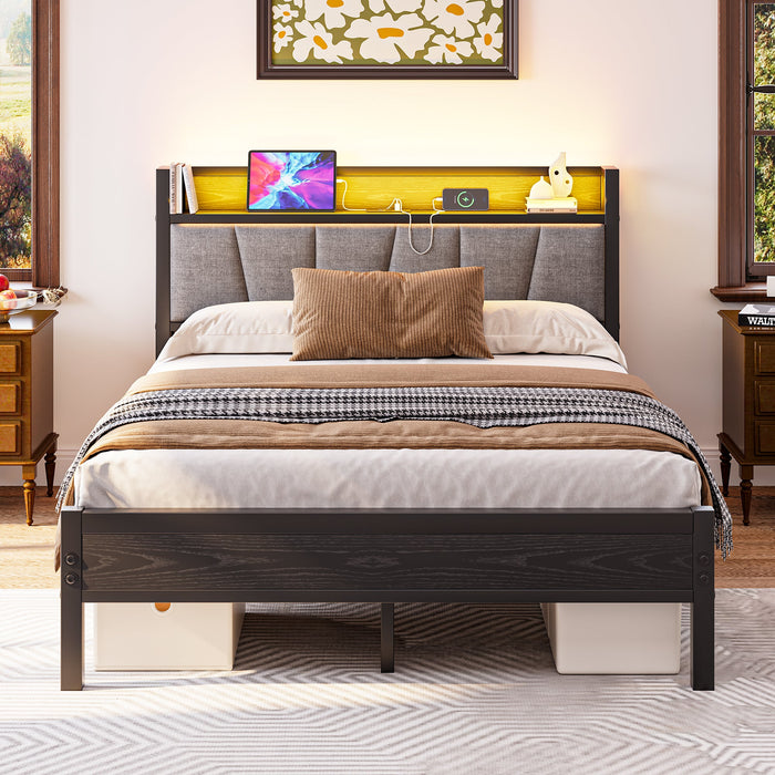 Bed Frame 140x190cm, Smart LED Lights, USB Charging Headboard, Metal