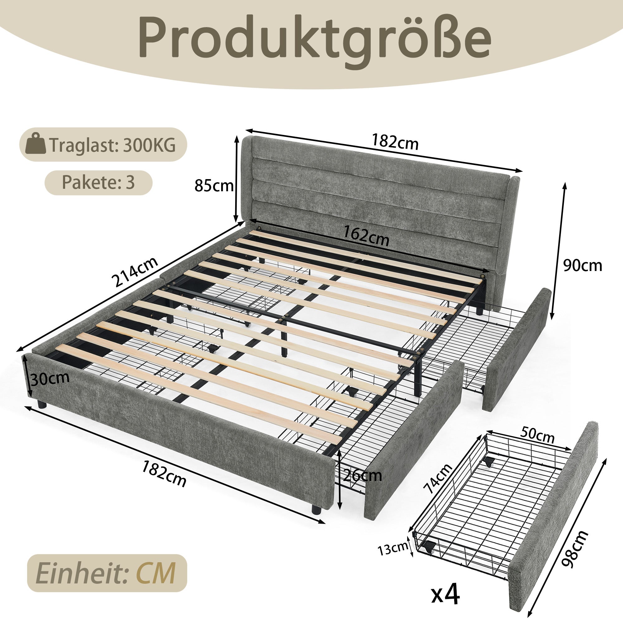 Double Bed 160x200cm with 4 Large Storage Drawers, Dark Grey Chenille