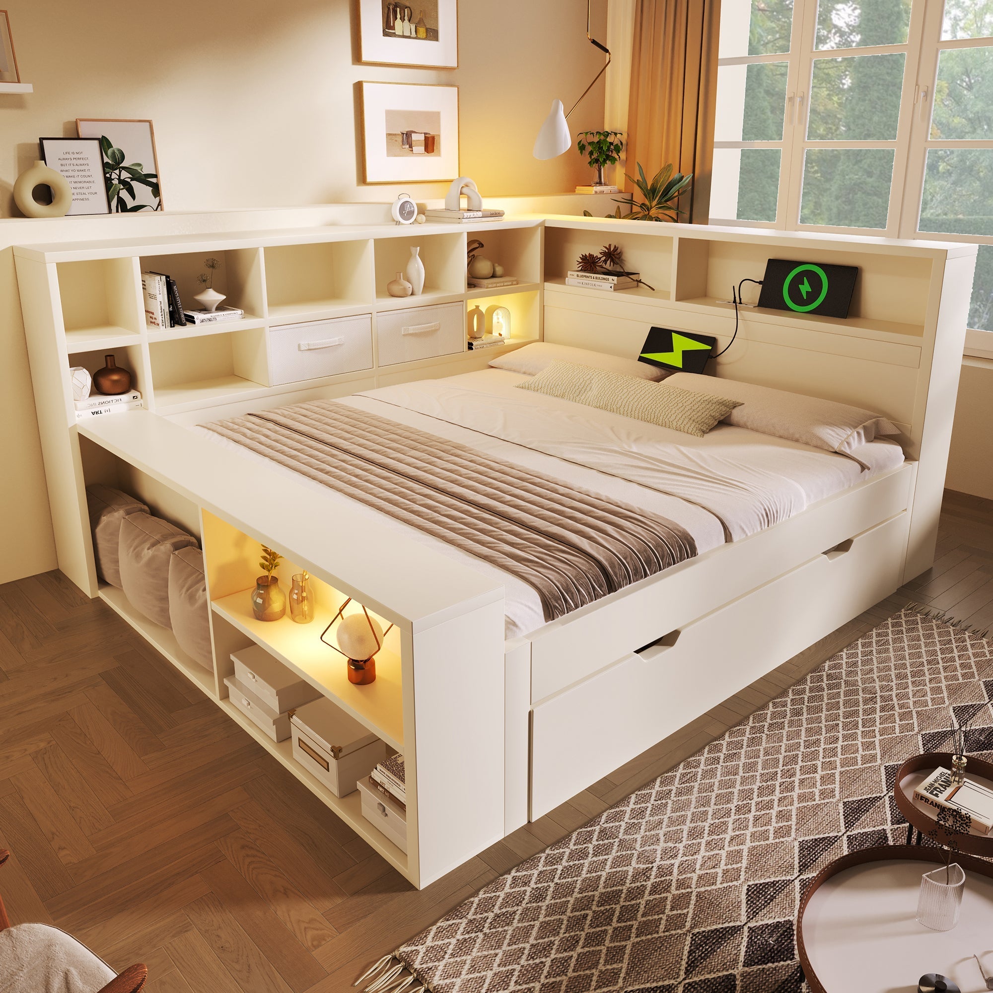 Storage Bed 140x200 with Pull-out Bed, 8 Storage Compartments and USB Charging Ports, White Wood
