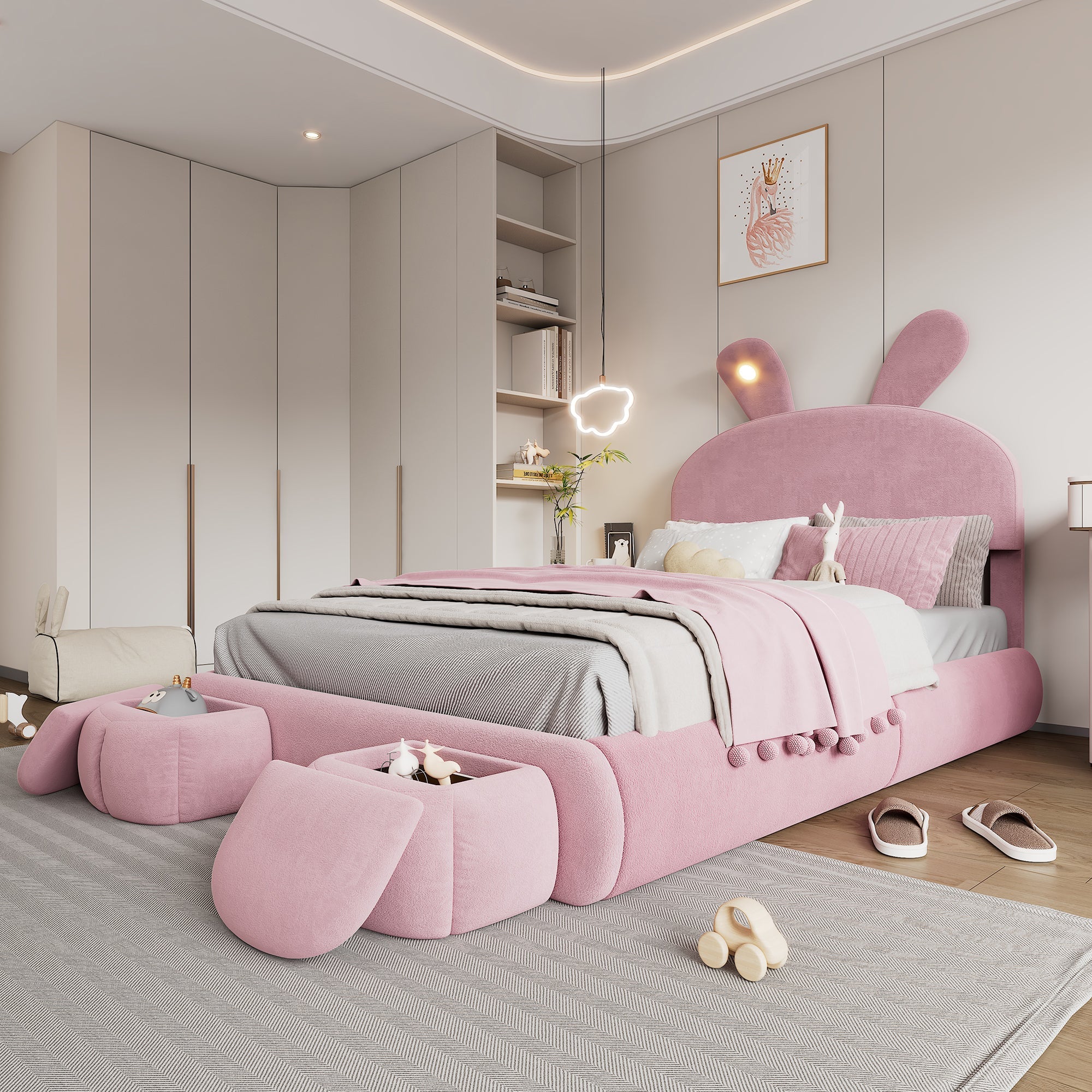 Upholstered Bed Hydraulic Storage, Bunny Ears LED Strips, 140x200cm, Stools, Velvet Pink