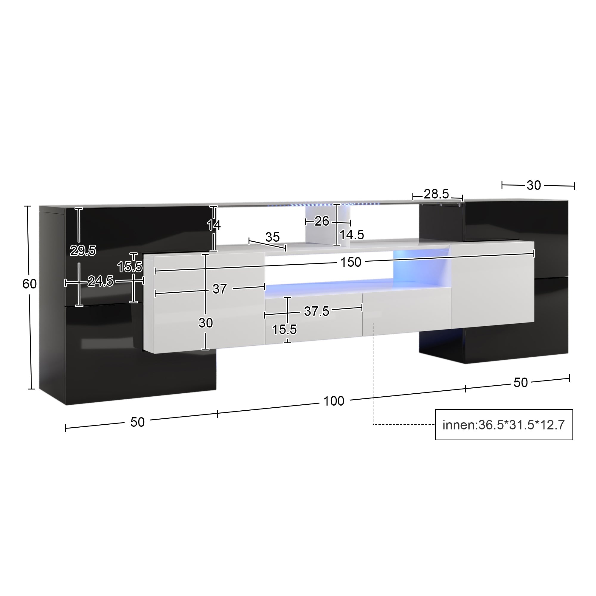 TV Cabinet, 200cm LED Low Panel, High-Gloss White & Black