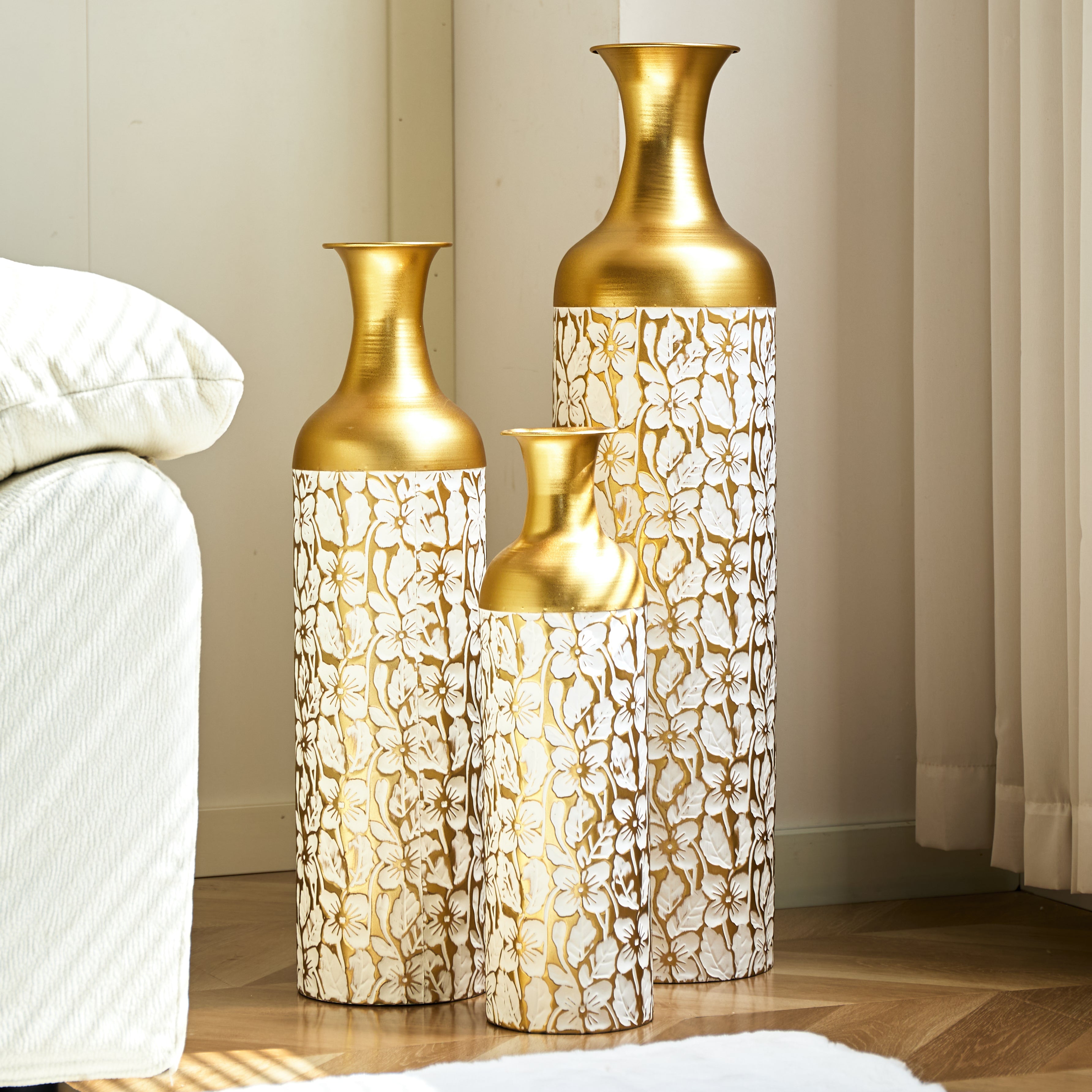 Floor Vase Set 3 Retro 83/65/50cm High White Gold Metal