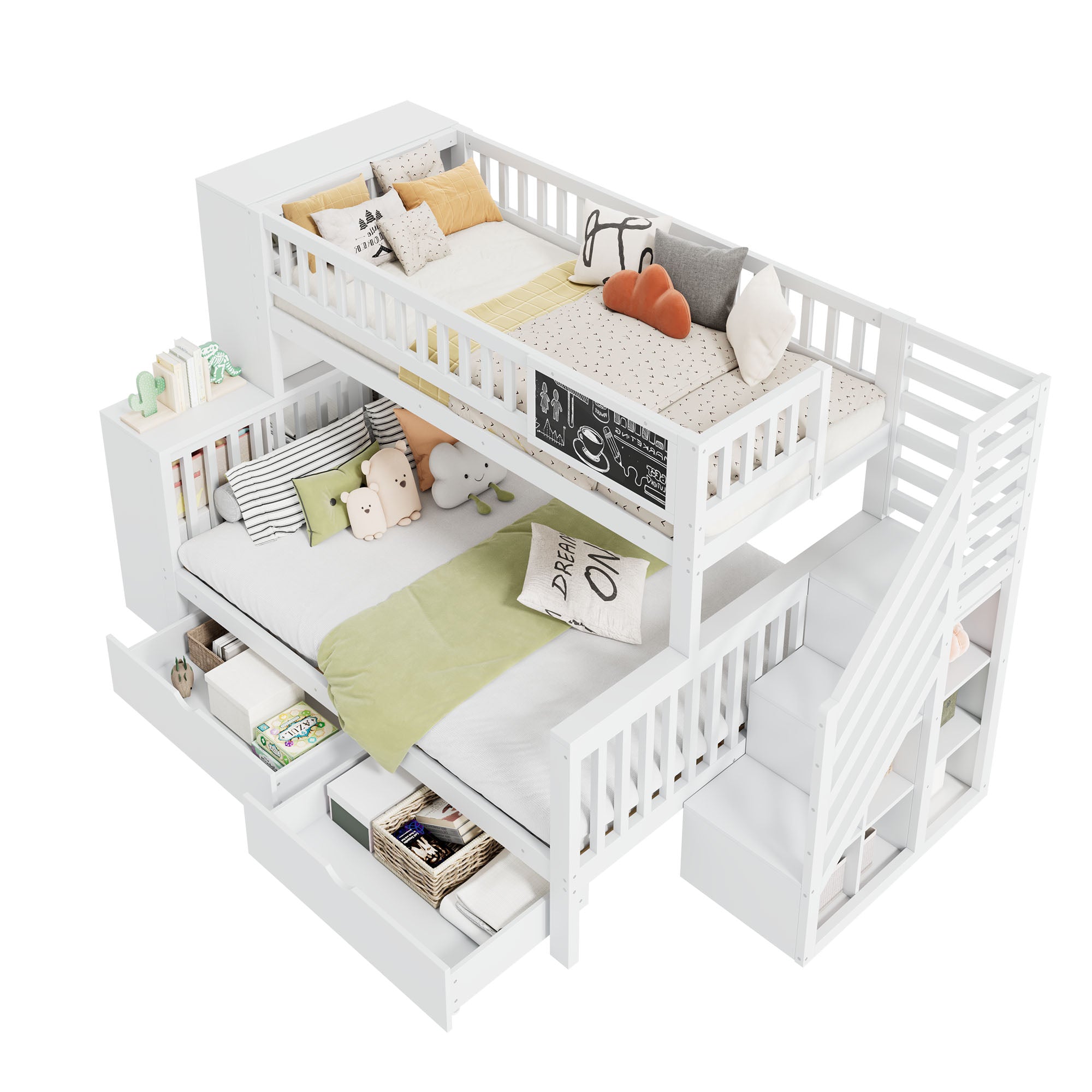 House Bunk Bed Multifunctional Graffiti Board Stairs Storage Drawers 140x200 & 90x200 - White