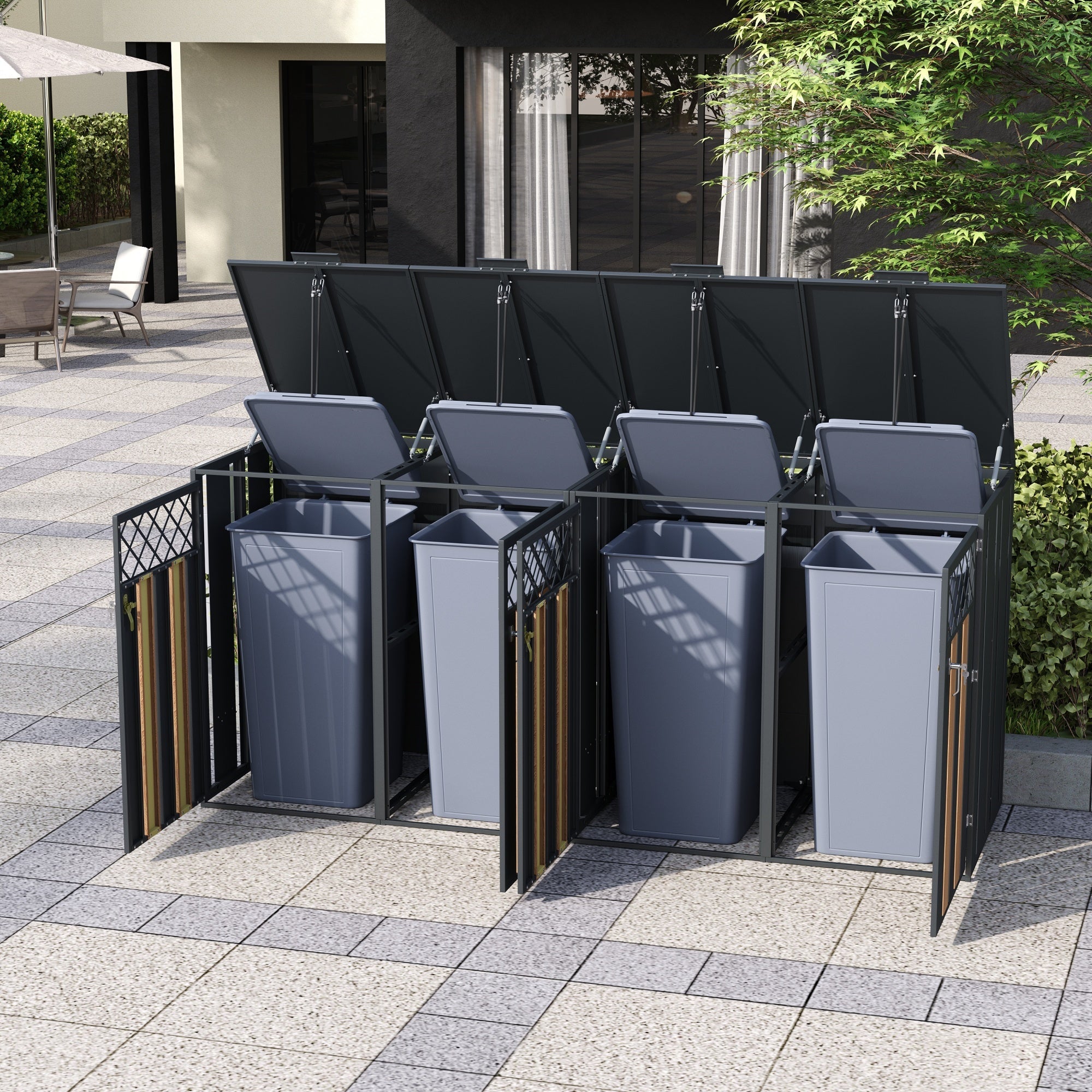 Garbage Can Storage Box with Hinged Lid and Lockable Double Doors, Metal