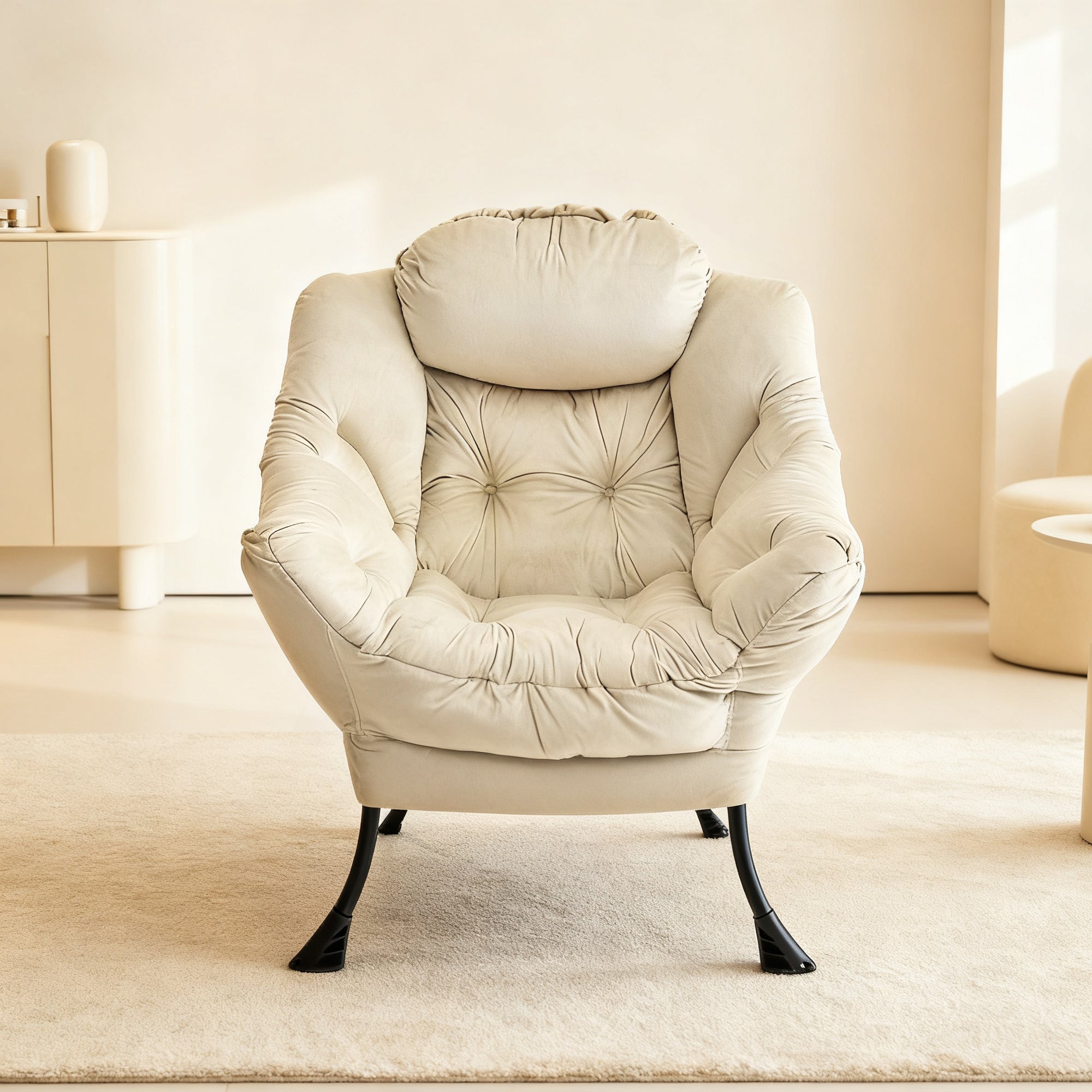 Armchair with Footstool Recliner Armrests Side Pocket - Beige