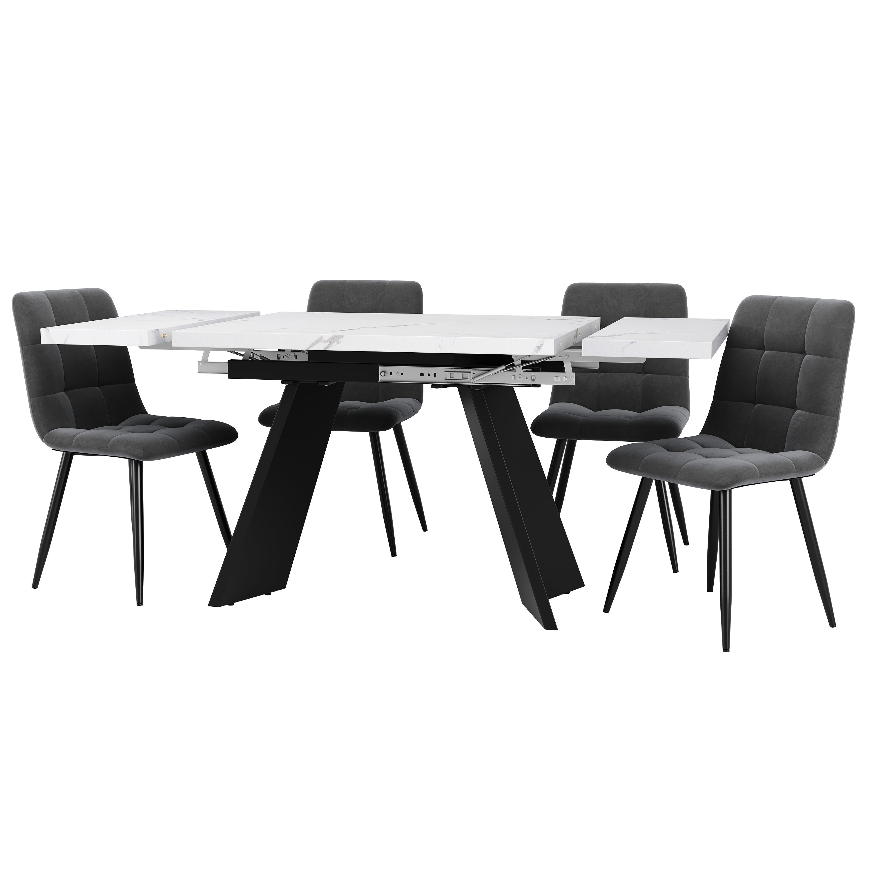 5-Piece Dining Set Extendable Table 160x80cm with 4 Grey Velvet Chairs White