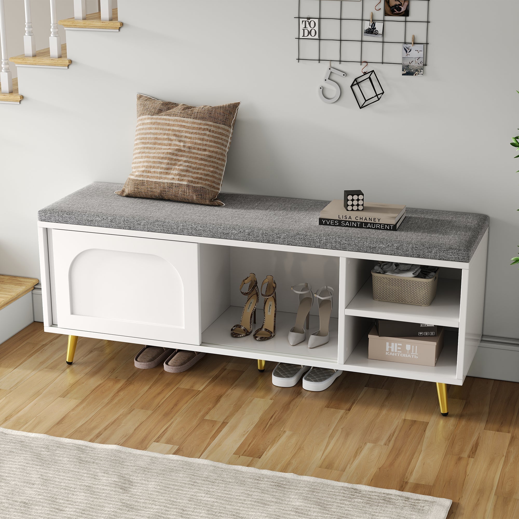 Shoe Bench Storage with Seat Cushion - White