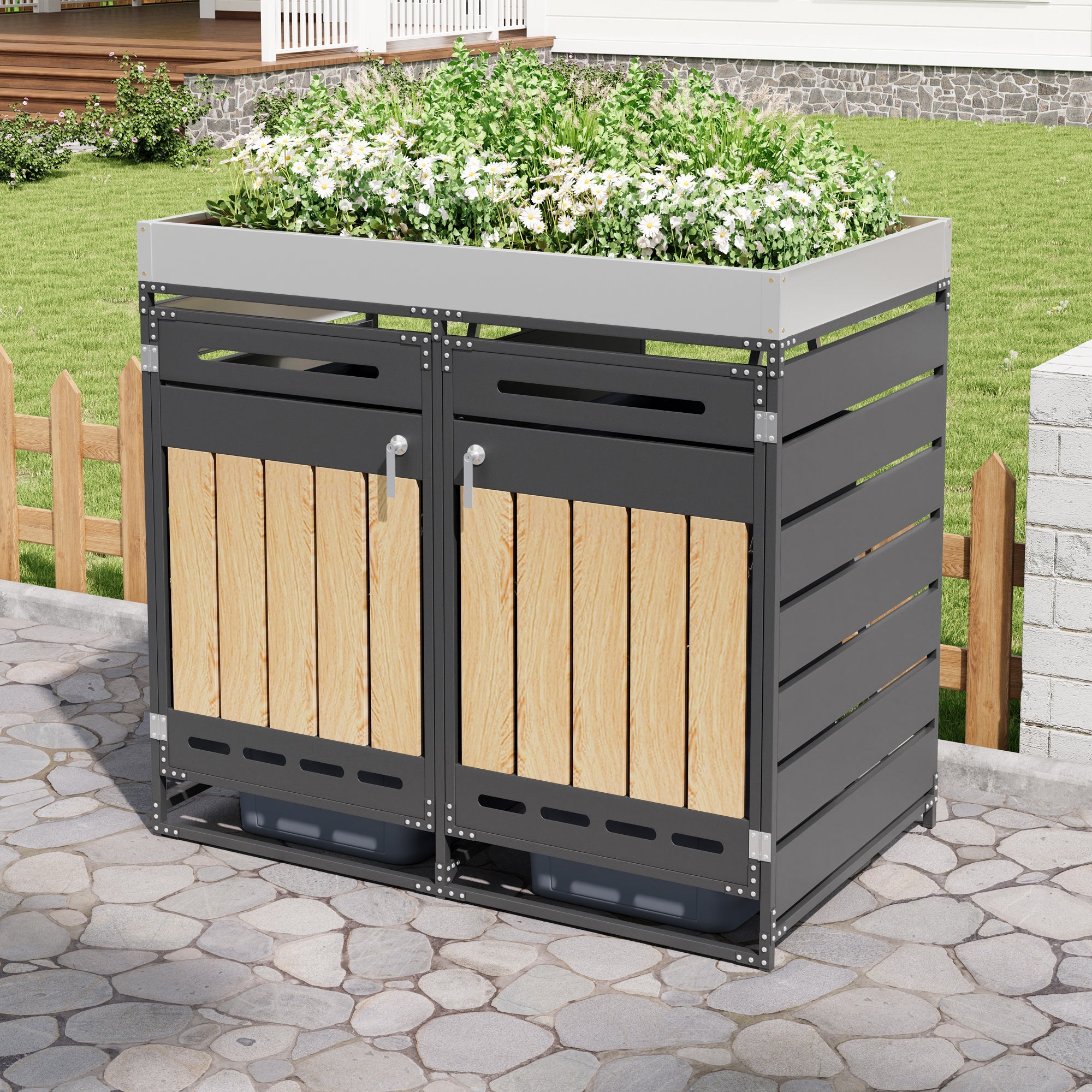 Outdoor Iron Bin Storage Cabinet with Planter Box, Slotted Ventilation and Lock, Wood Grain Panels