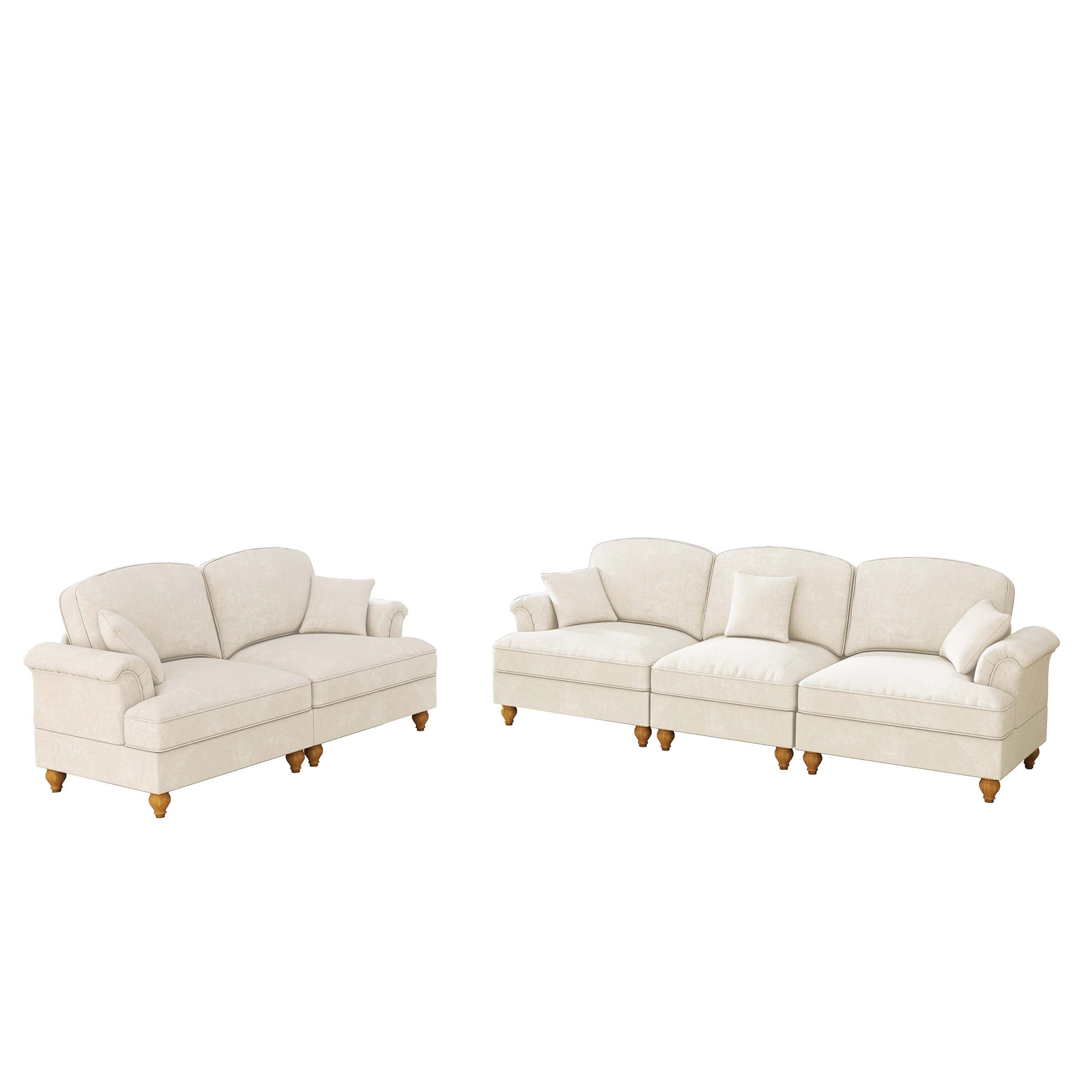 Classic 2-piece Modular Sofa Set 3-Seater 2-Seater Loveseat Ruffled Apron Spindle Legs - Chenille White