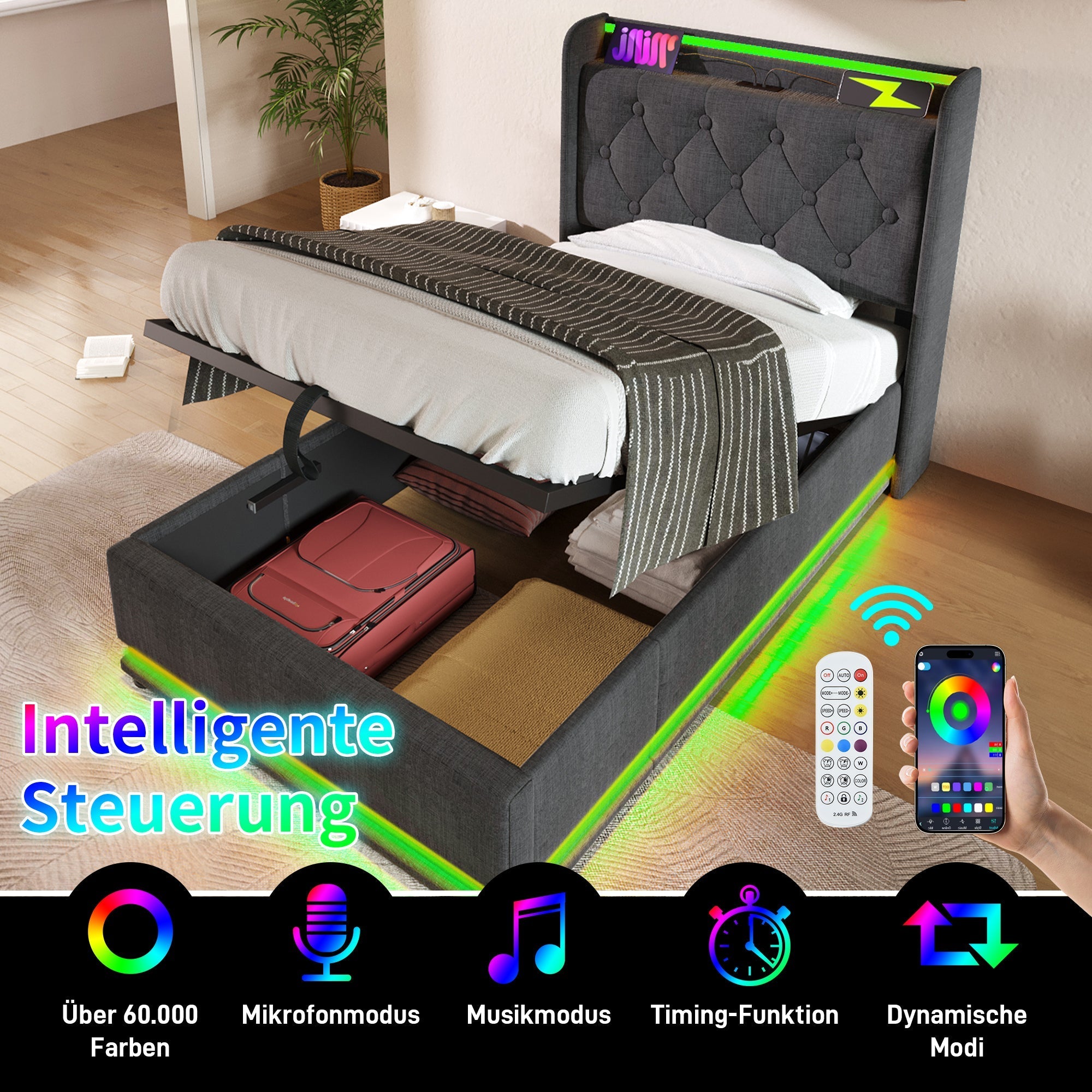 Upholstered Single Bed, 360-Degree LED, Hydraulic Storage, USB Type-C, Gray Linen