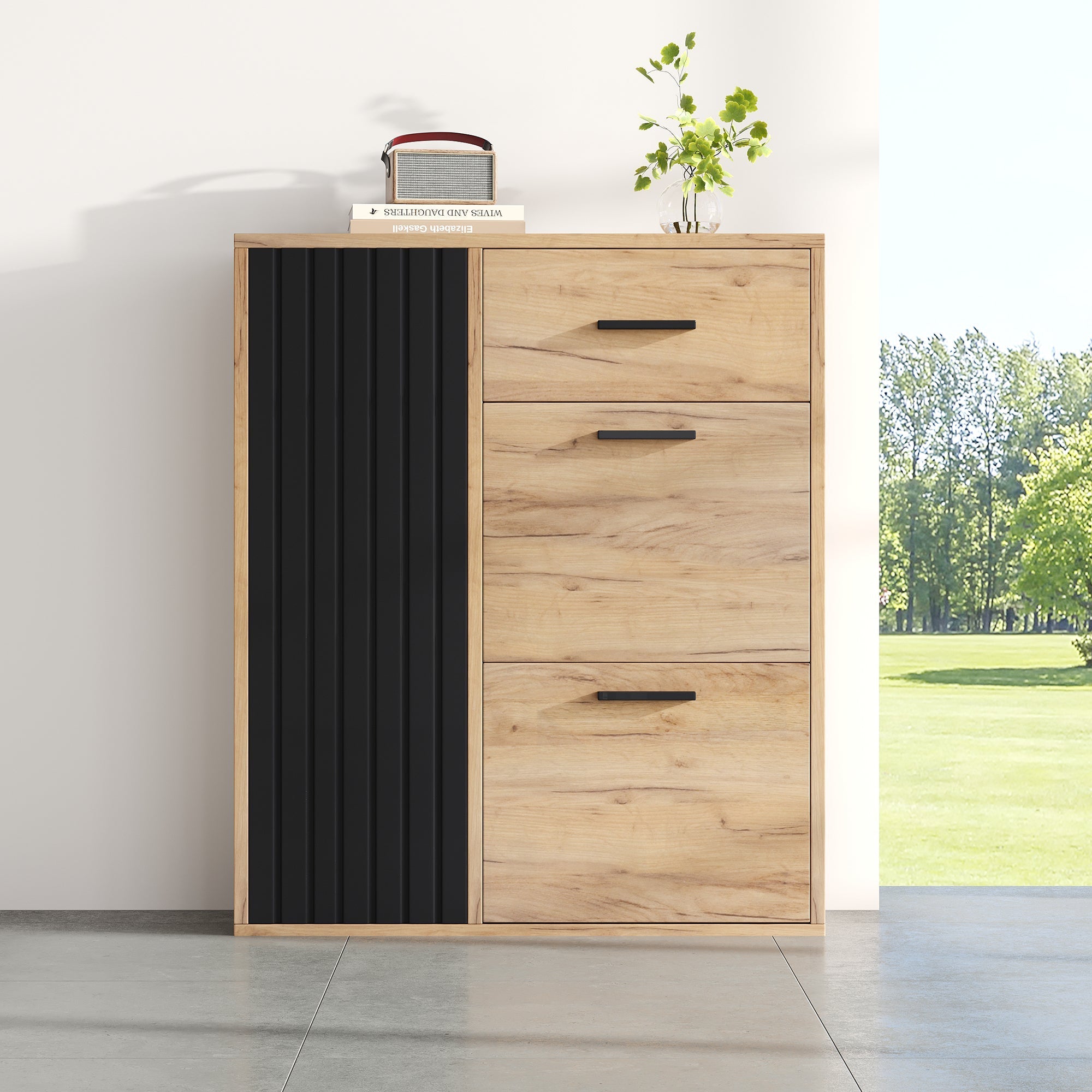 Modern Shoe Cabinet, Adjustable Shelves 1 Drawer 2 Drop-Down Doors, Black and Natural Tones