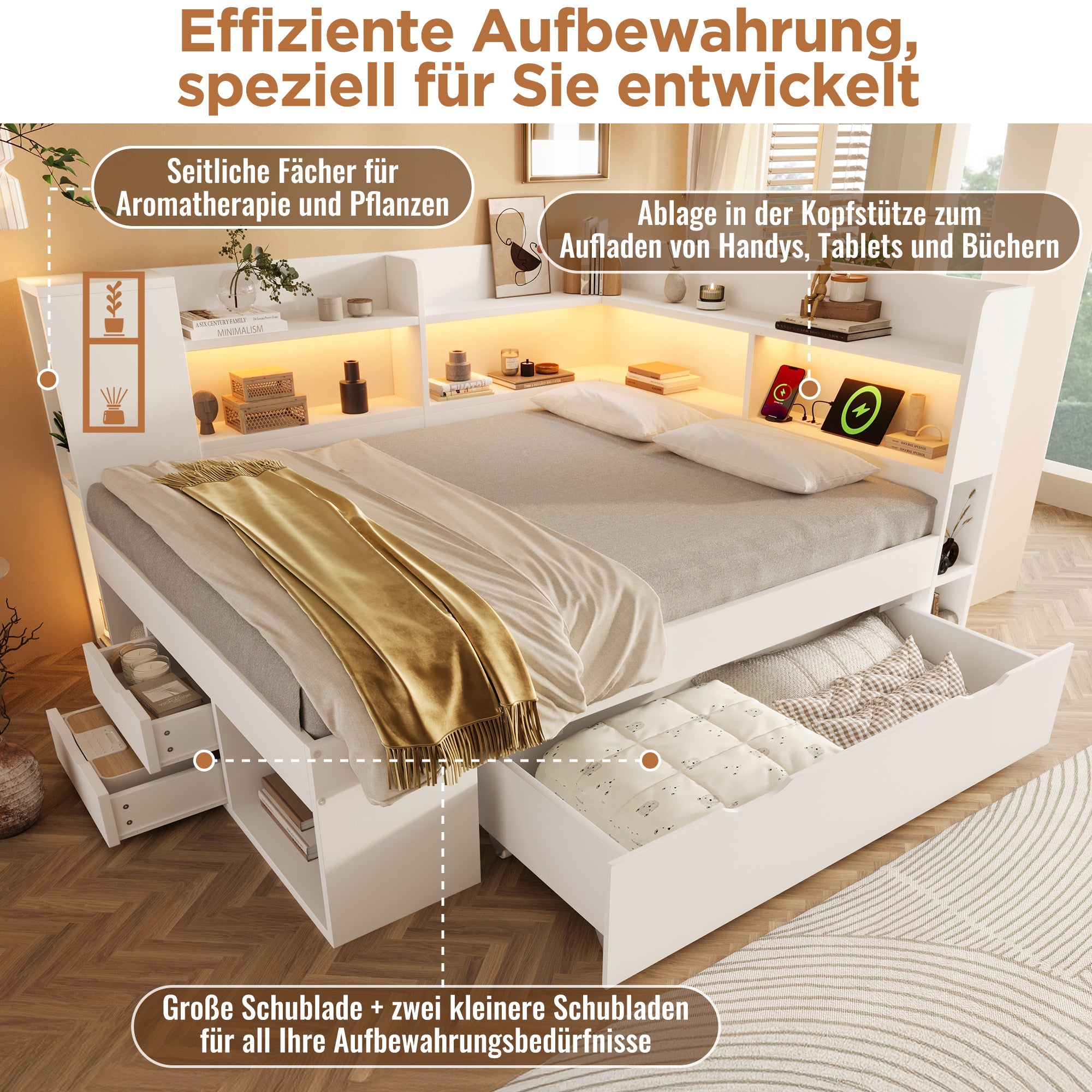 Daybed with LED, Charging Station and Storage, 140x200cm, White Wood-based Material
