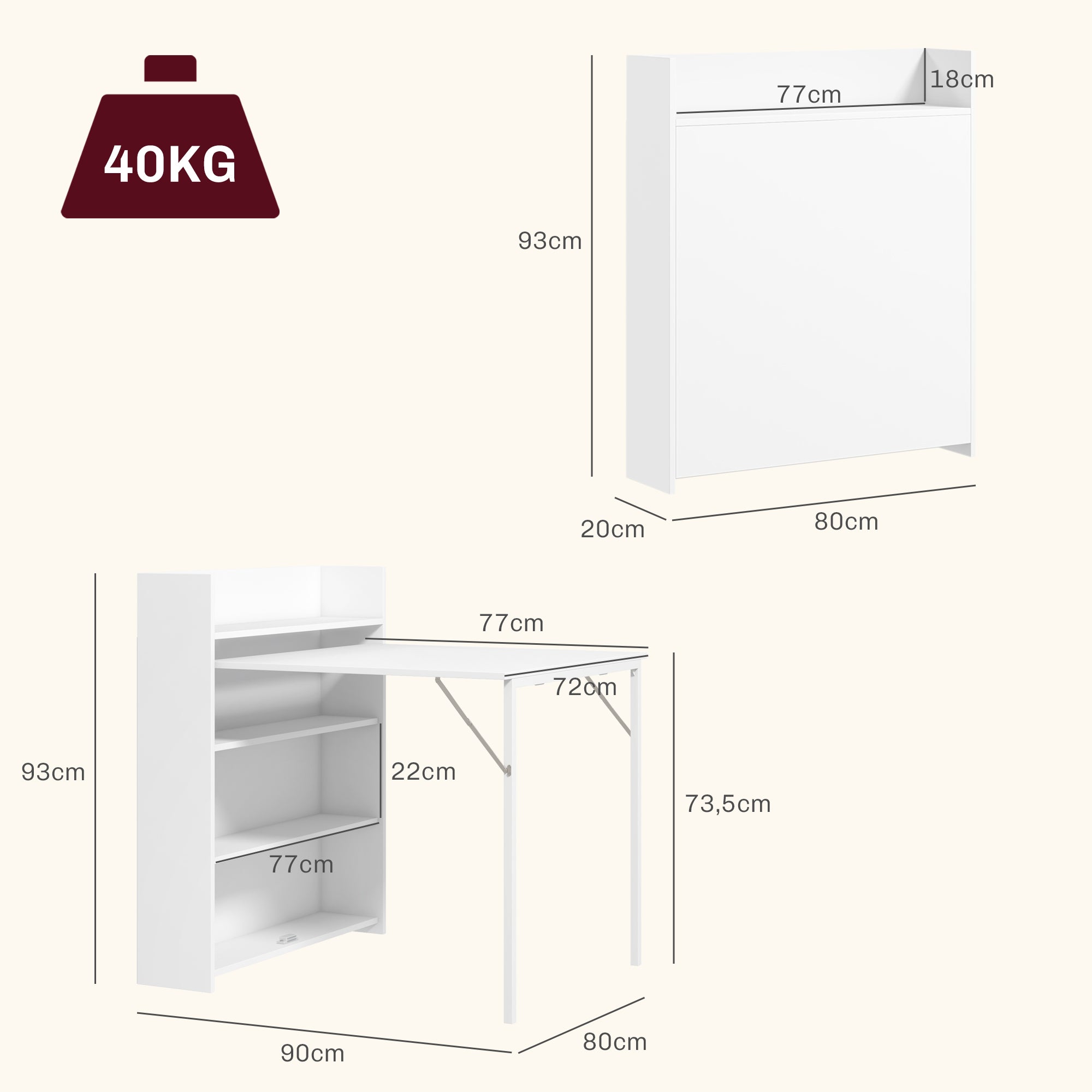 Folding Dining Table Space-Saving 4 Shelves Anti-Tip - White