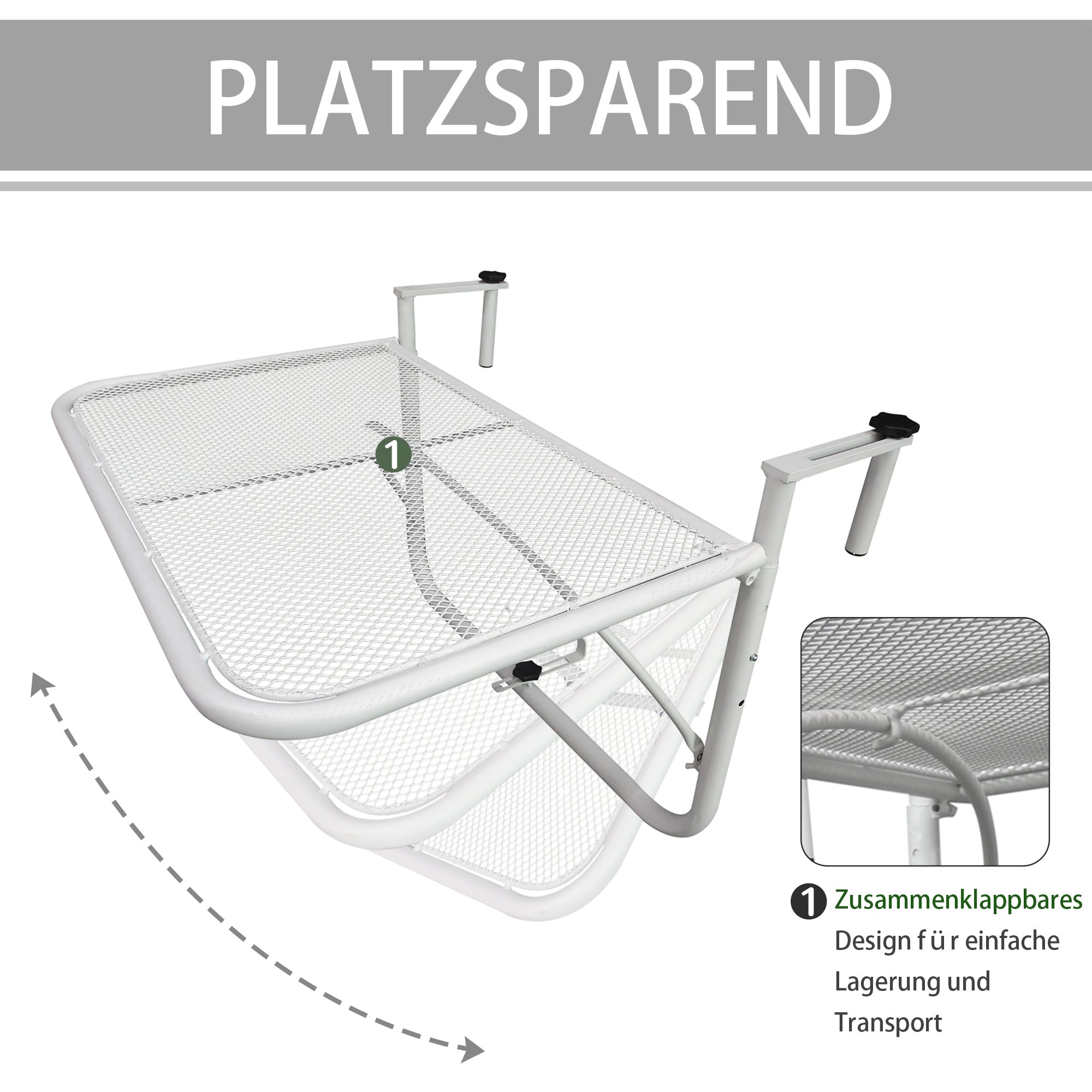 Balcony Hanging Table, Square Adjustable 60x56.5x45cm Garden, White Metal