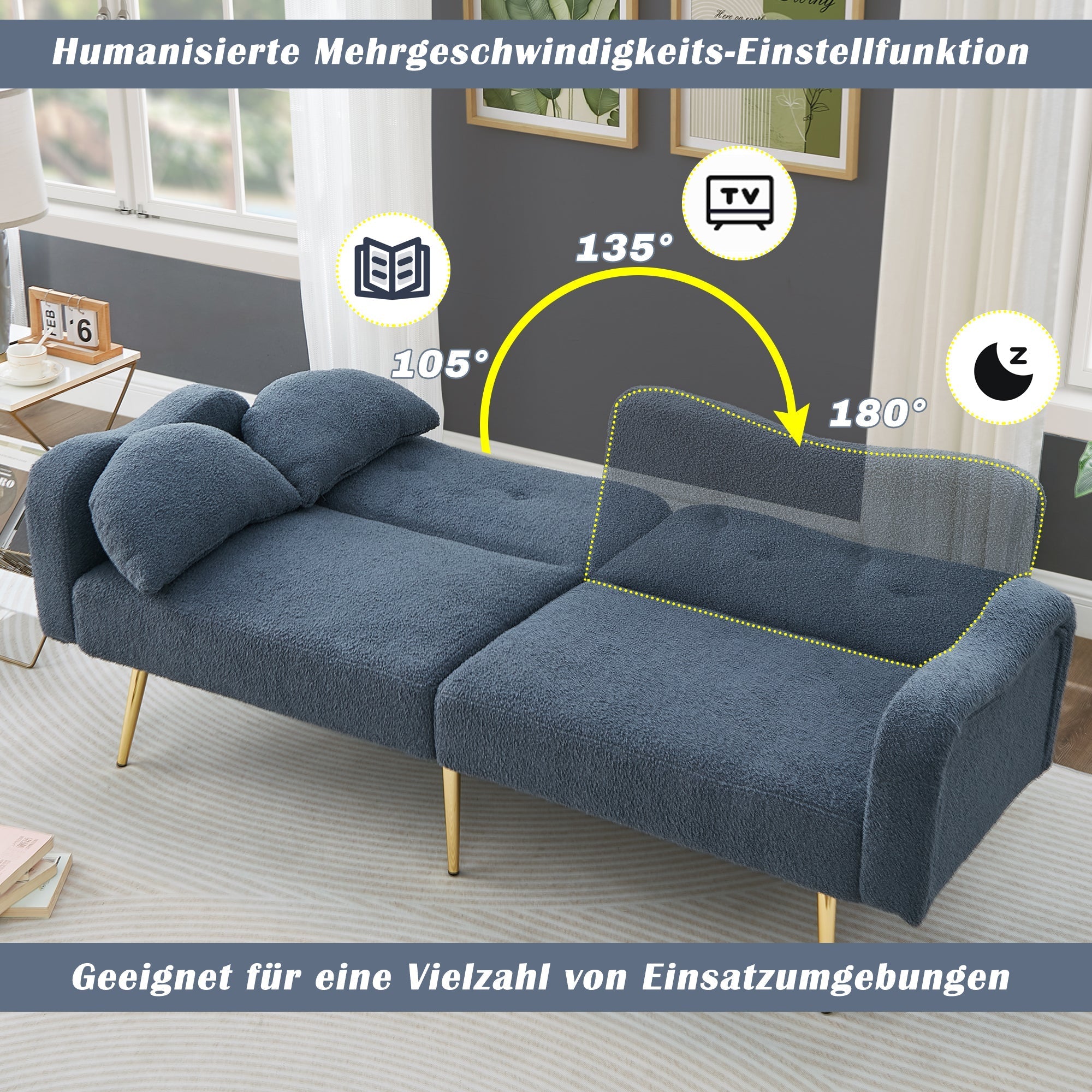 Sofa Bed, 2-Seater with Adjustable Backrest, Gold-Plated Metal Feet