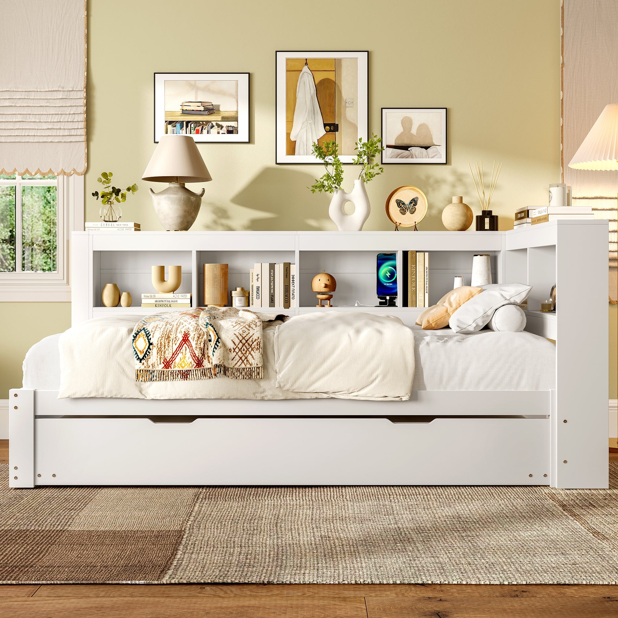 Daybed with Pull-Out Bed, 90x200cm, Power Outlet and 2 USB Ports, White Chipboard