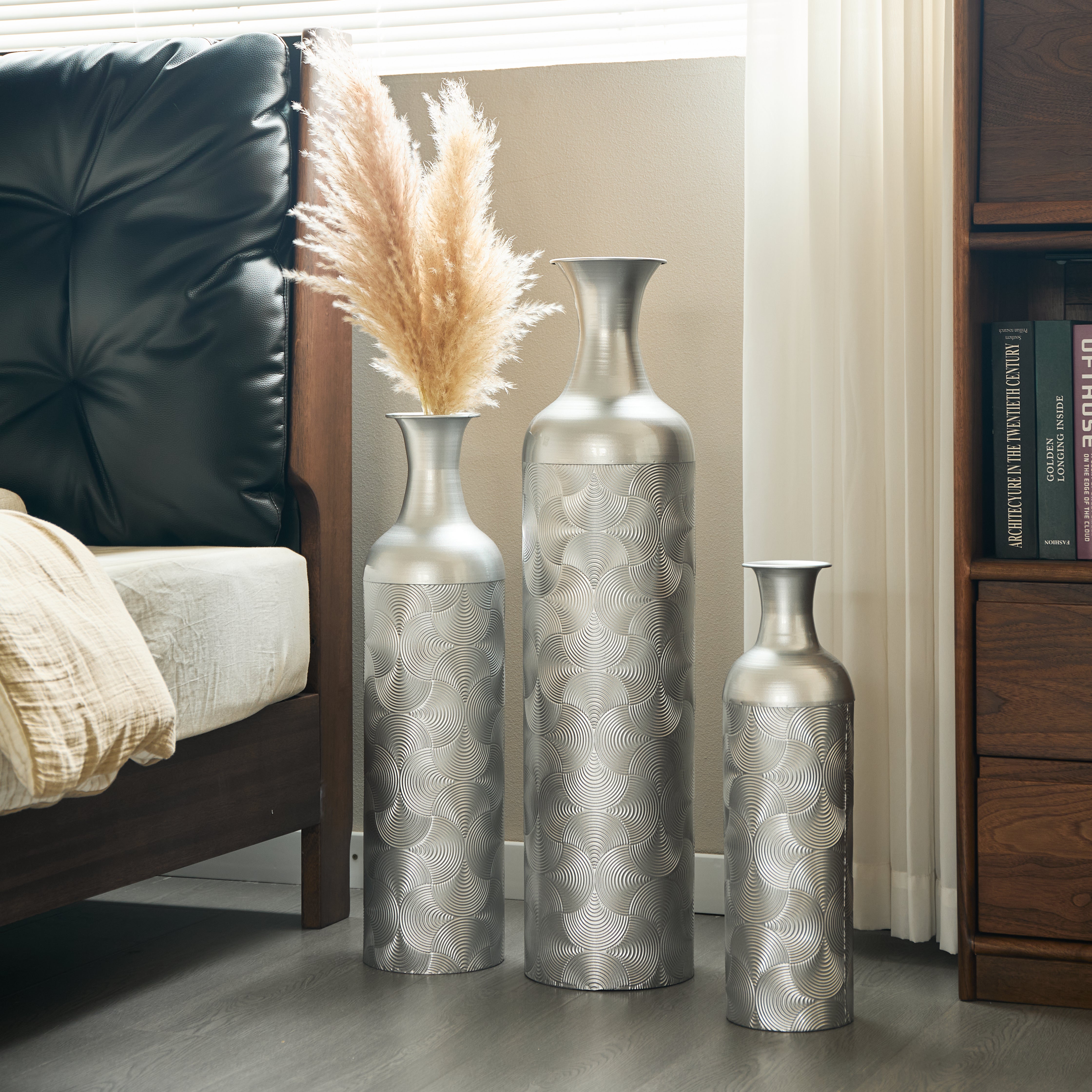 Silver Floor Vase Set 3 Decorative Vases 83/65/50cm High Metal