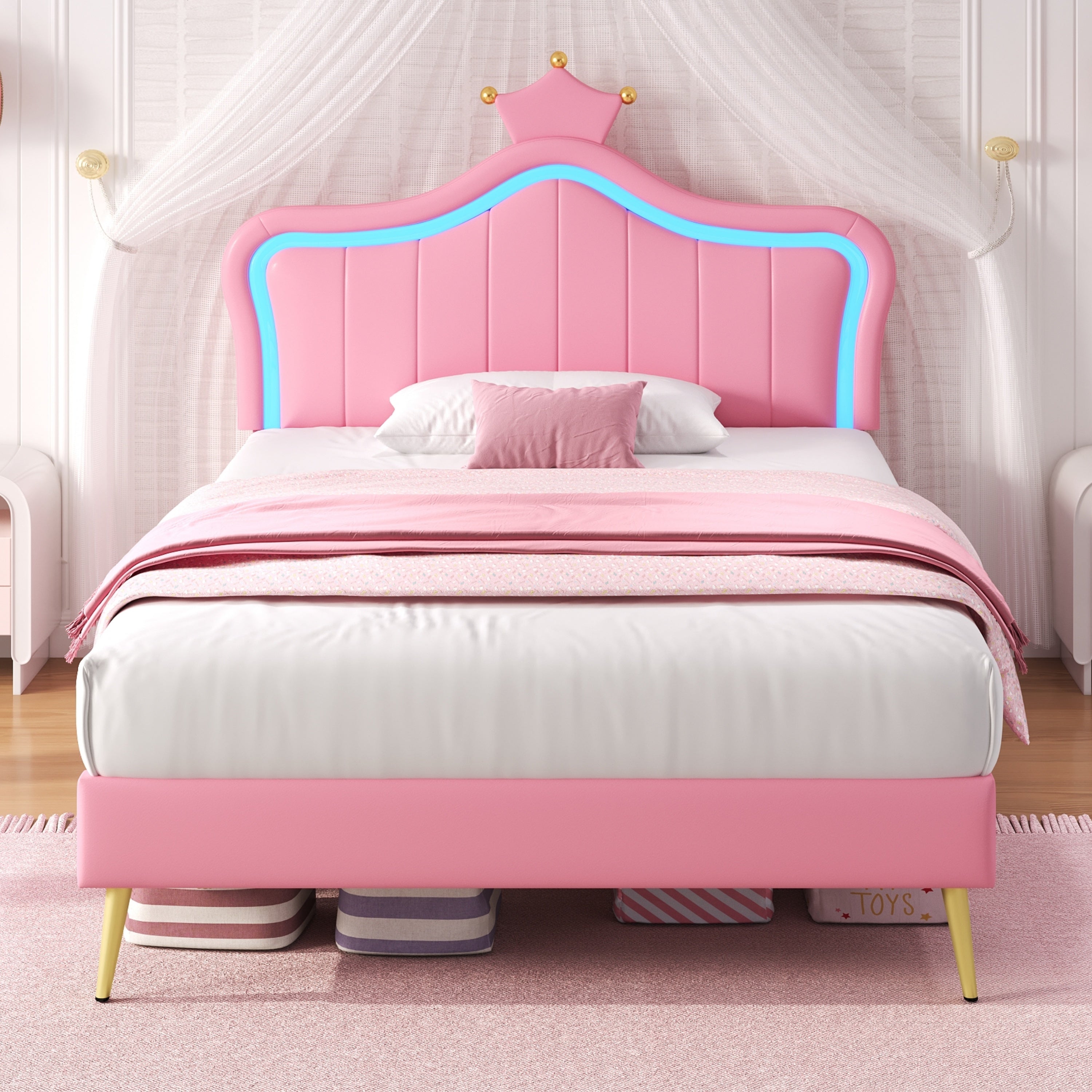 3ft Single Upholstered Bed with LED Adjustable Crown Headboard, PU Leather, Pink
