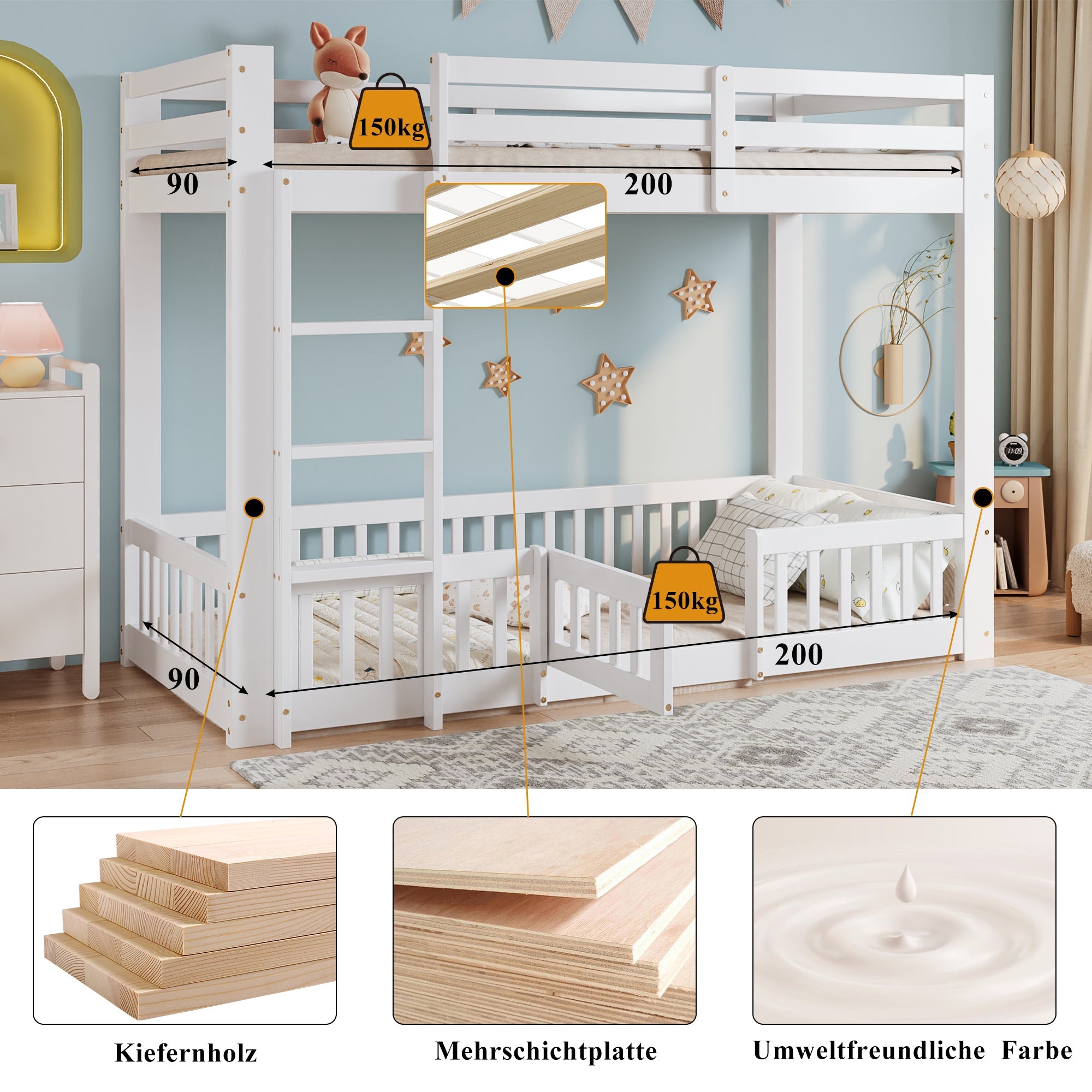 Bunk Bed, Wooden with Right-Angled Stairs, Railing, Fall Protection, White
