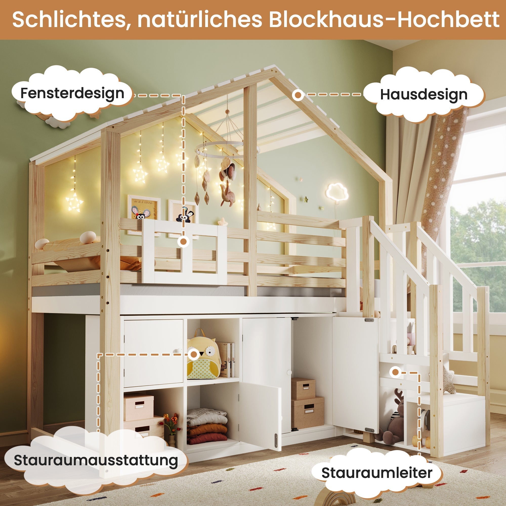 Loft Bed 90x200cm House Design Storage Ladder Lockers - White/Natural