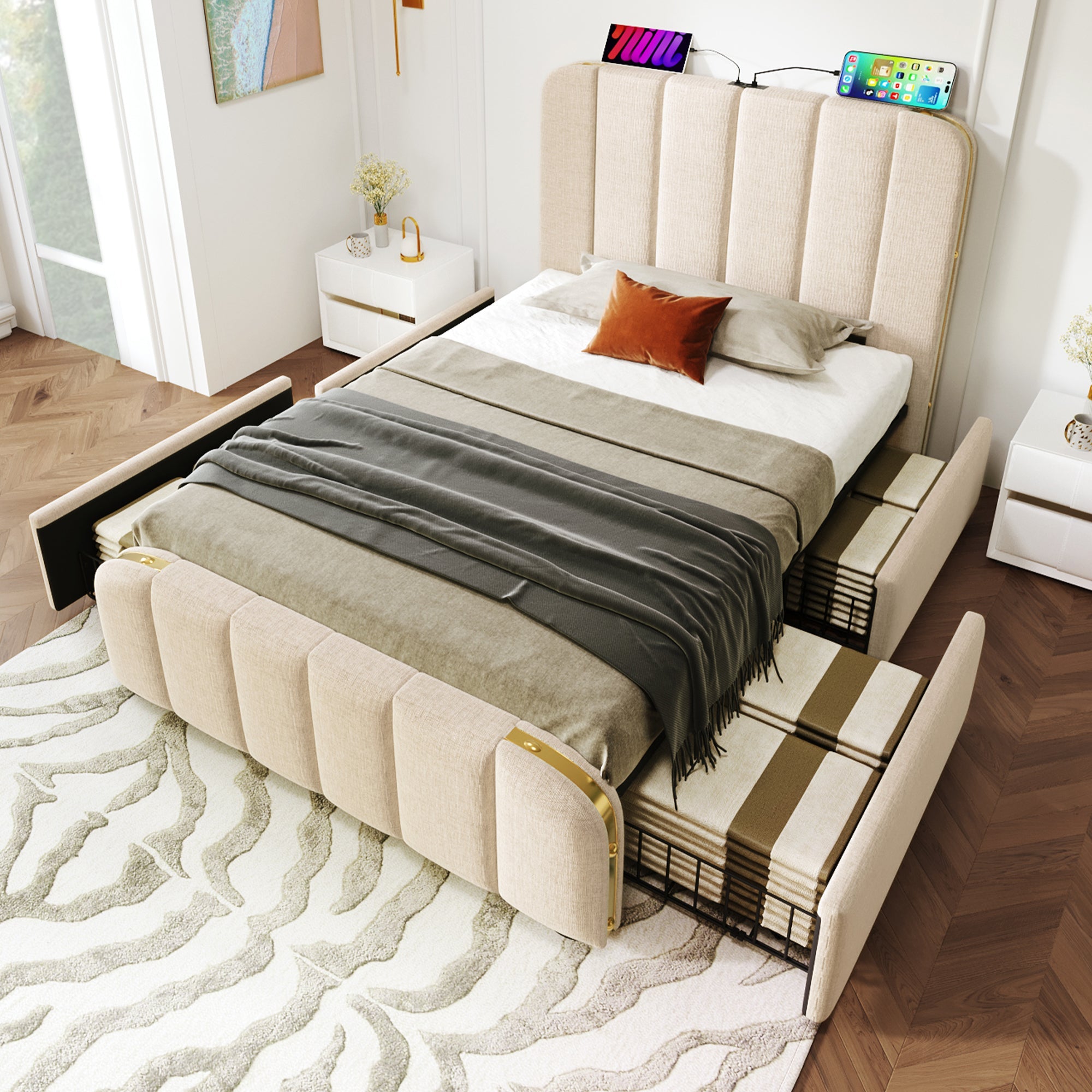 Upholstered Single Bed, Headboard with USB-C Charging, 4 Drawers, Beige Linen