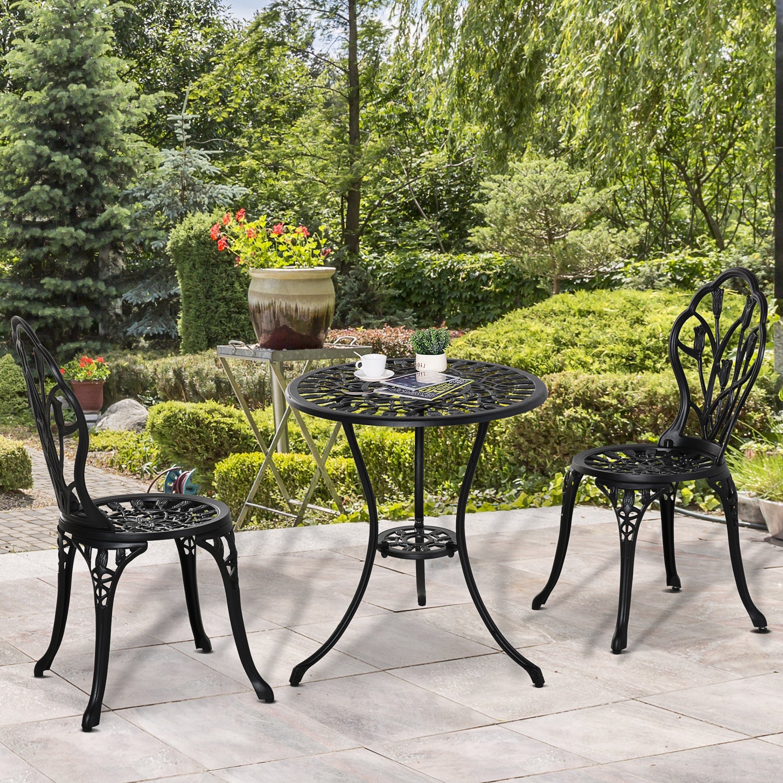 Seating Group Dining Set Table & 2 Chairs - 2 Person Garden/Balcony - Black Aluminum