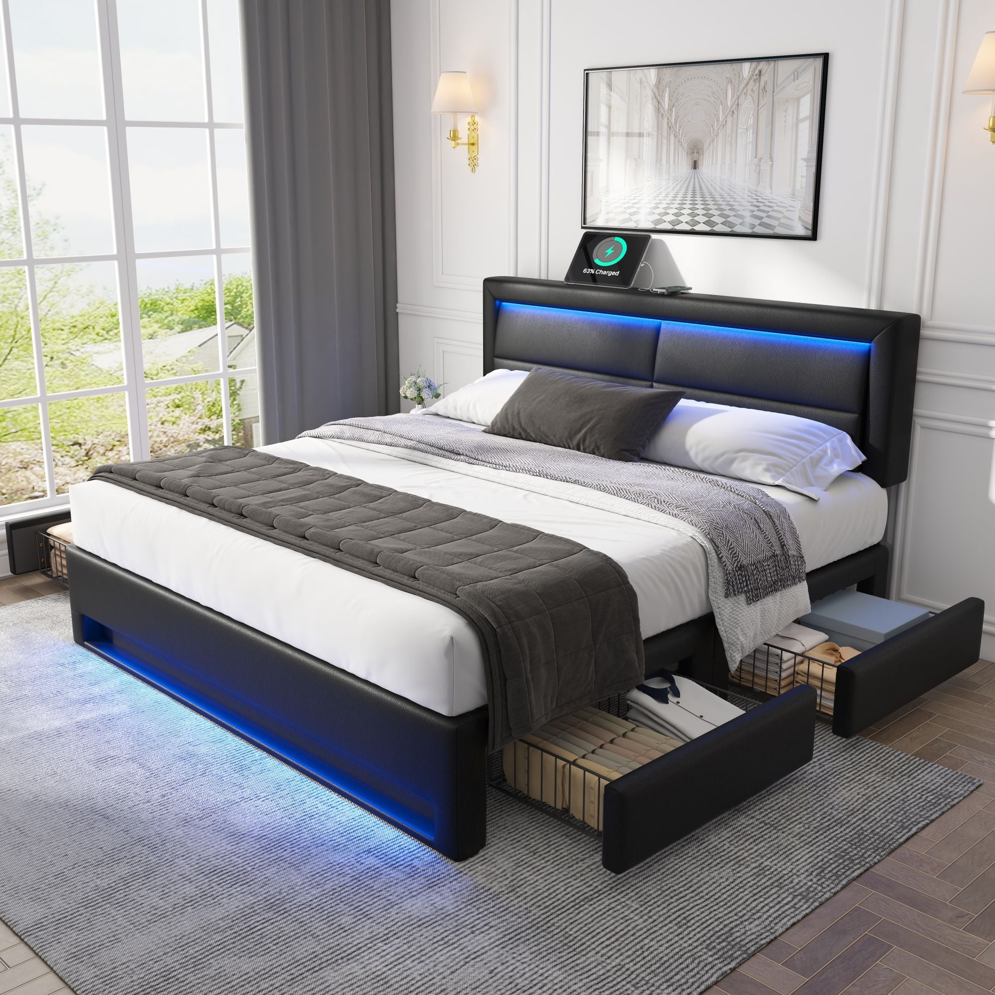 Upholstered Bed 160x200cm with USB Charging, LED Lighting and 4 Drawers, Black PU Lychee Pattern