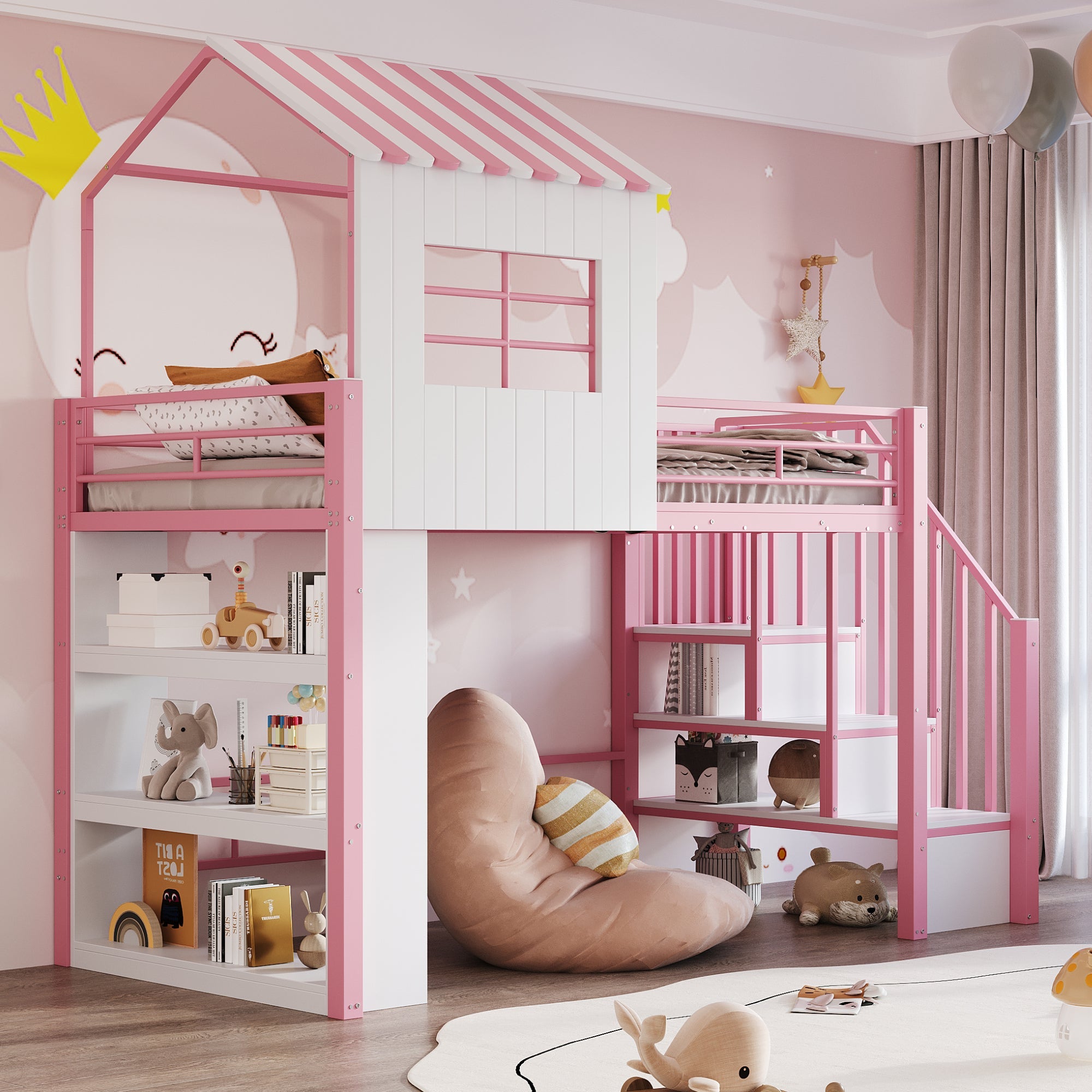 Iron Loft Bed with House Design, Storage Shelf and Safety Rail, 90x200cm, Pink Iron