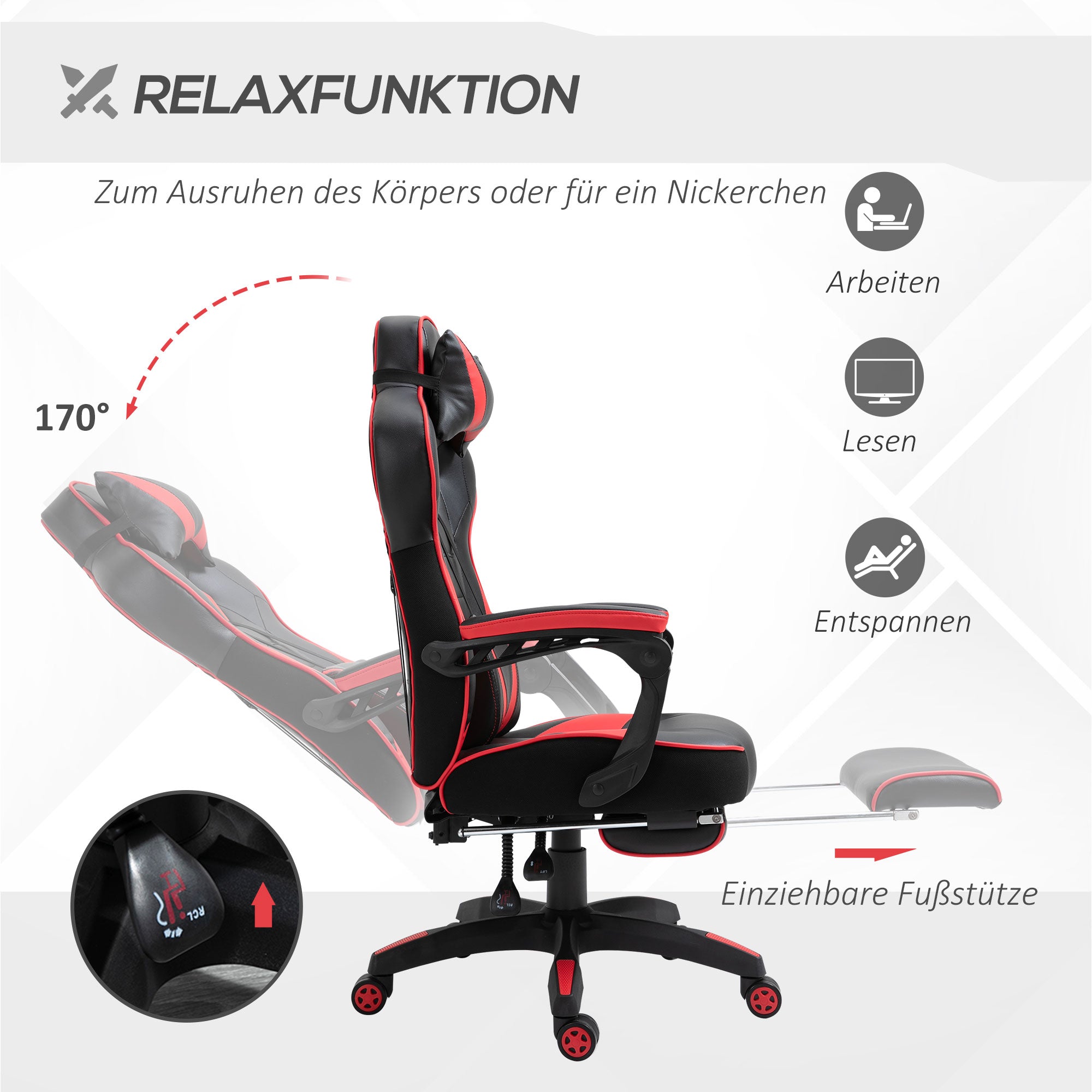 Bürostuhl Gaming-Stuhl, Massagefunktion, höhenverstellbar, Kunstleder Schwarz