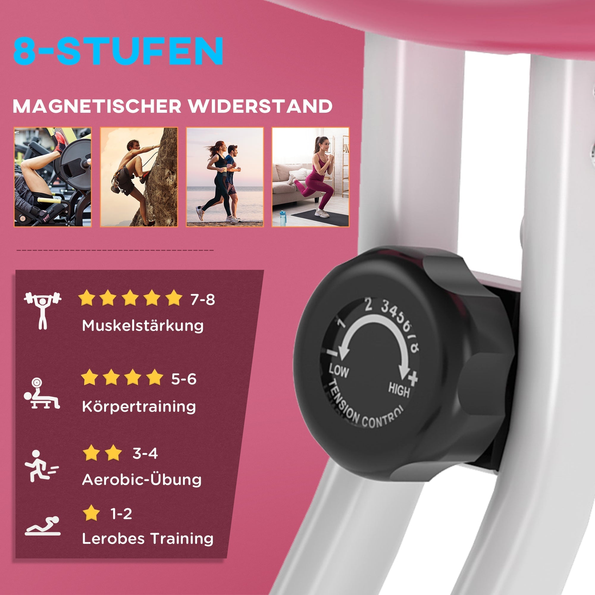 F-Bike Exercise Bike, 8-Level Magnetic Resistance, Height Adjustable, Pink and White Steel