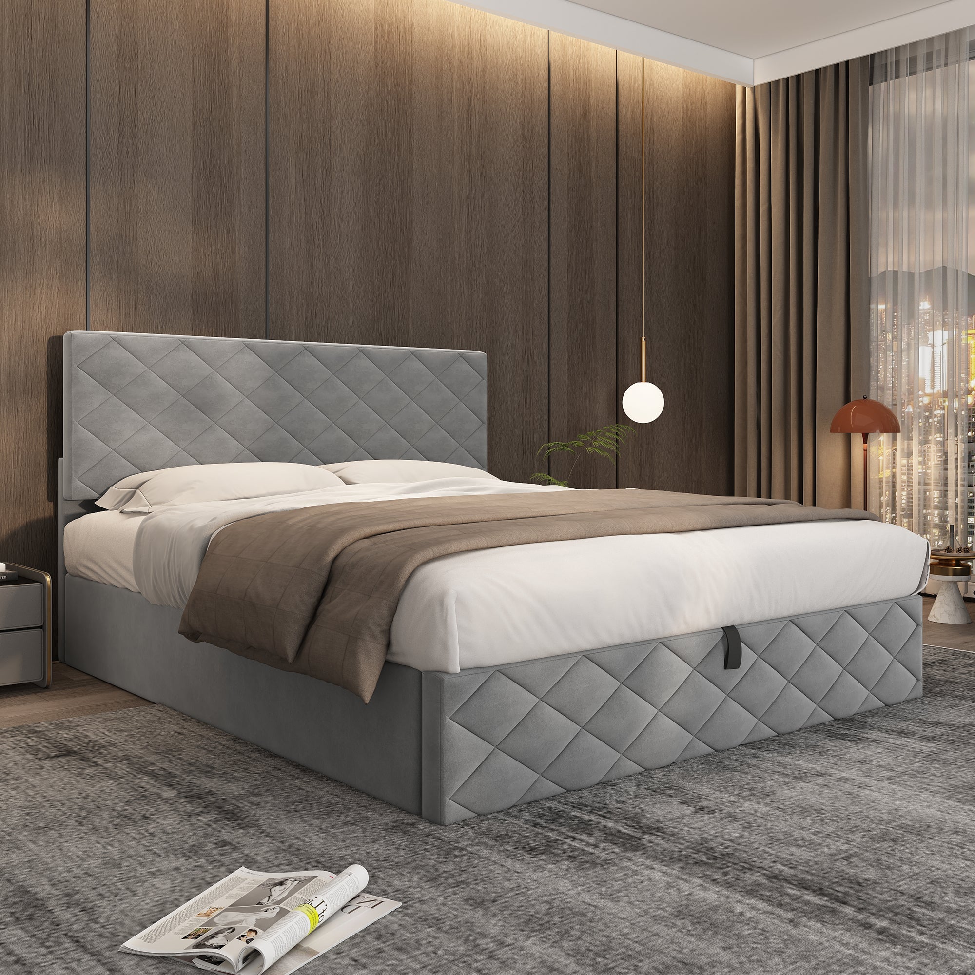 Upholstered Bed with Hydraulic Slatted Frame and Storage, 140x200cm, Grey