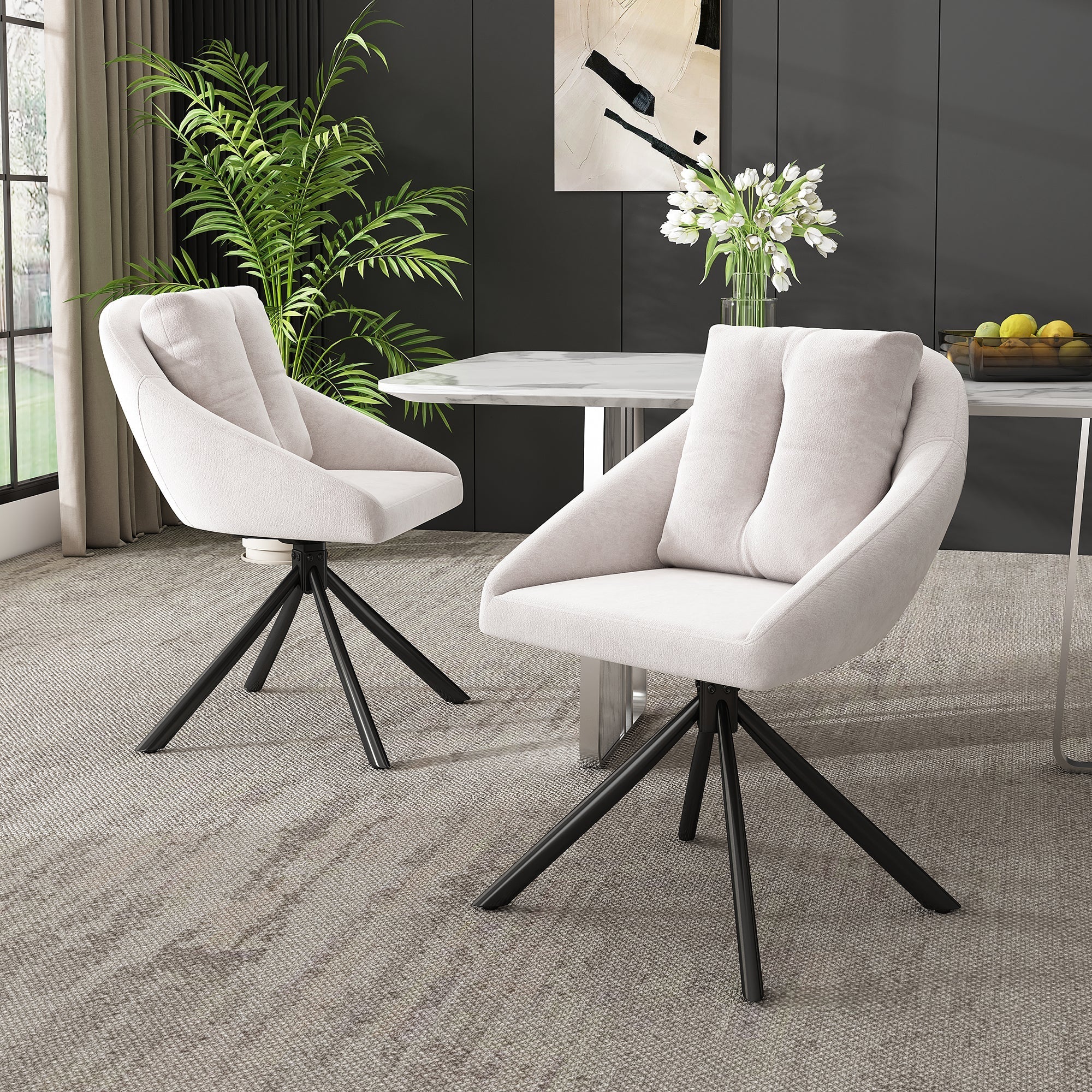 Swivel Dining Chair Set of 6 with Ergonomic Design and Breathable Fabric, Beige Velvet