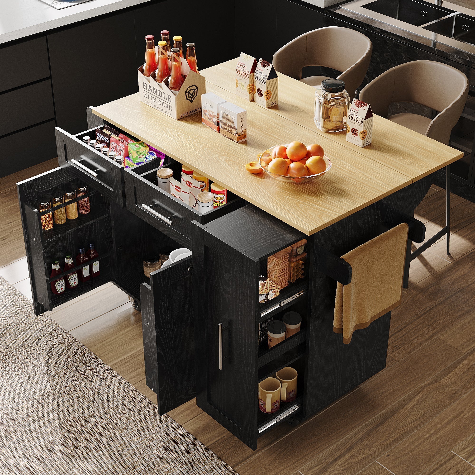 Modern Kitchen Island Buffet Cabinet Dining Table Storage Cart Wood Grain Black